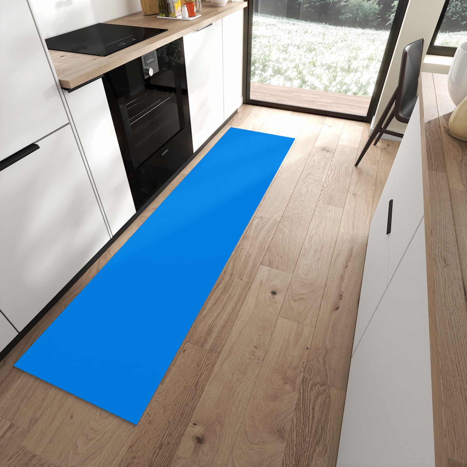 Flacher Küchenteppich mit Motiv Hellblauer Hintergrund I in moderner Küche