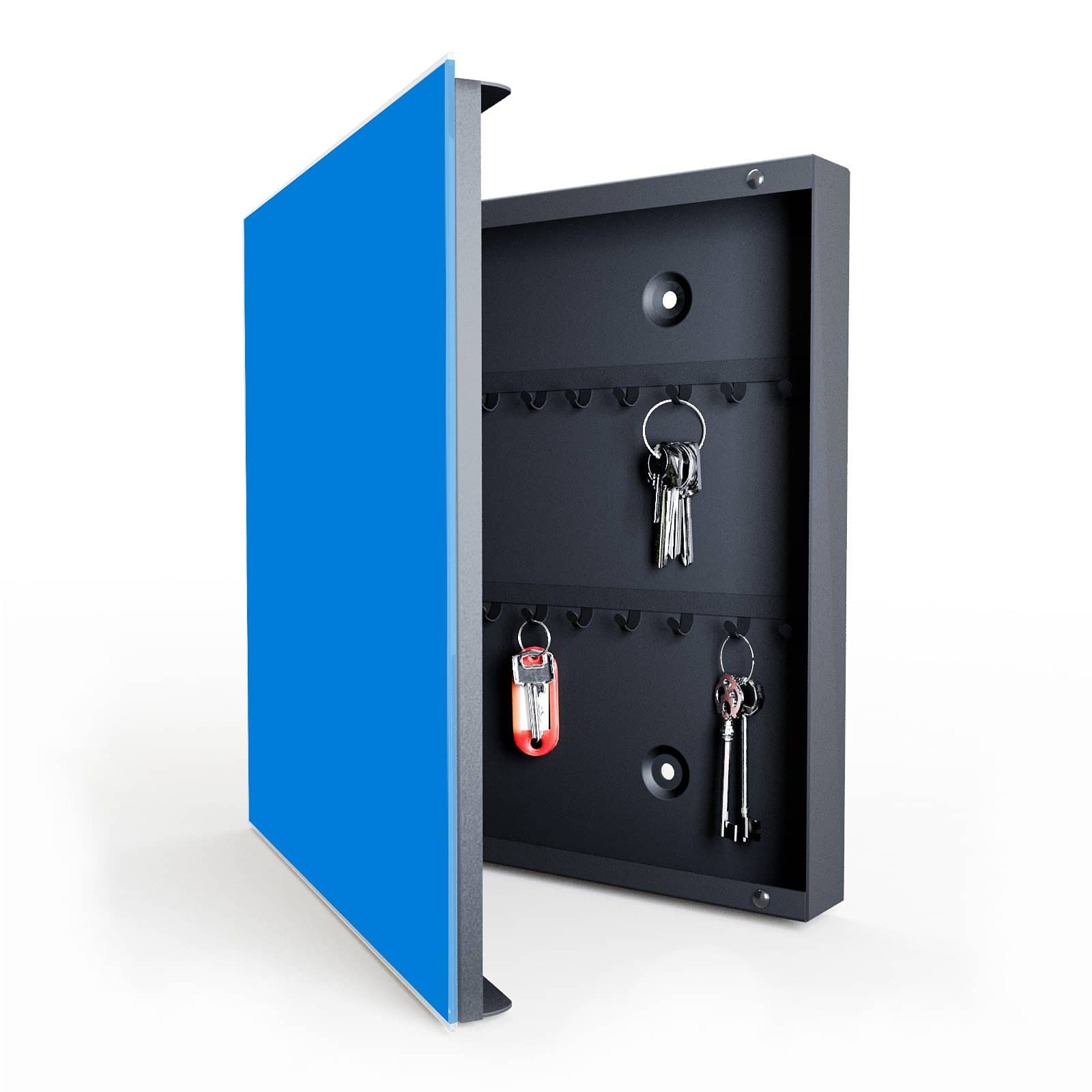 Zeitsparender Schlüsselkasten mit Glasscheibe und Motiv Hellblauer Hintergrund I in geöffneter Innenansicht