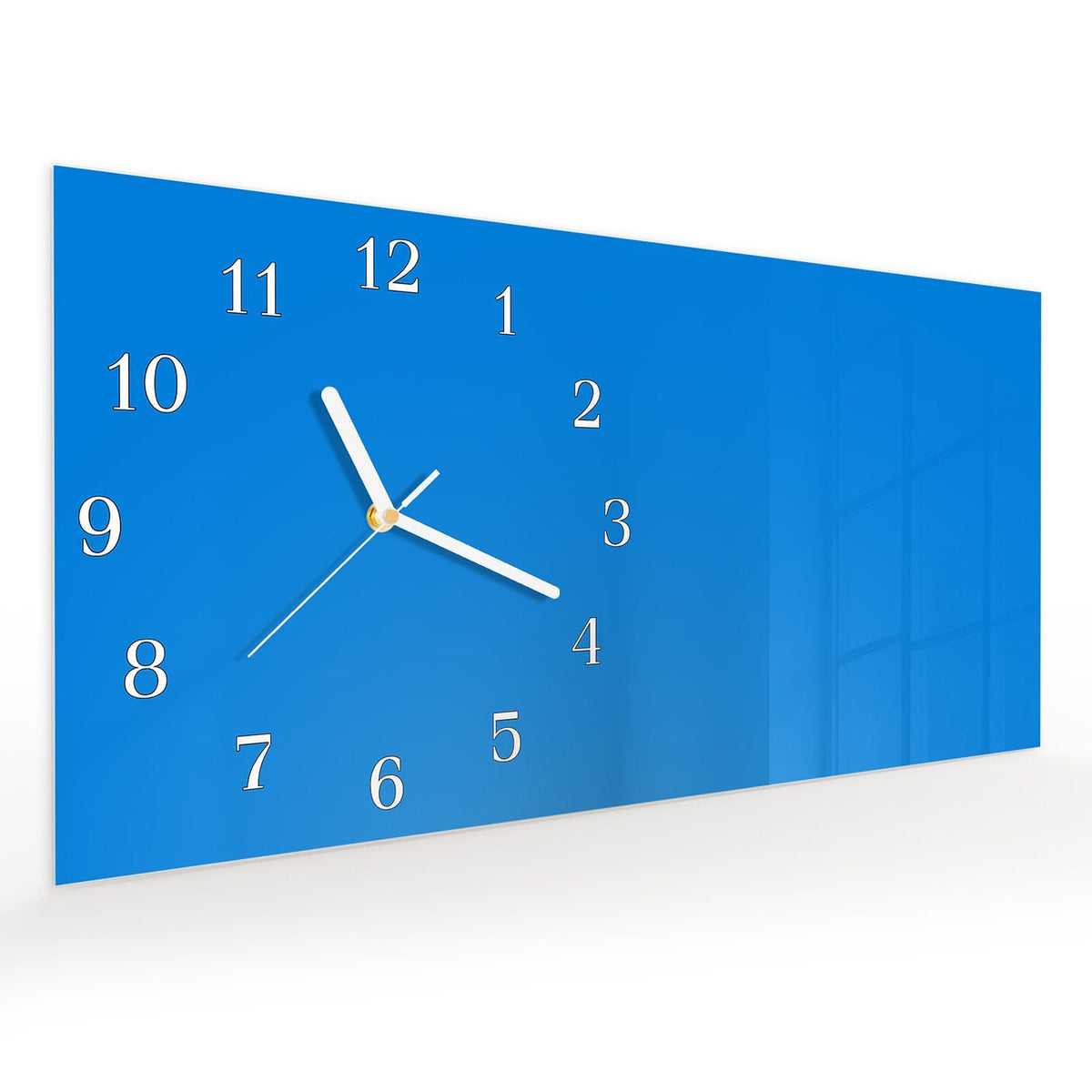 Vormontiert – mit Schwebeeffekt – Wanduhr Hellblauer Hintergrund I aus Glas – Querformat 60 × 30 cm