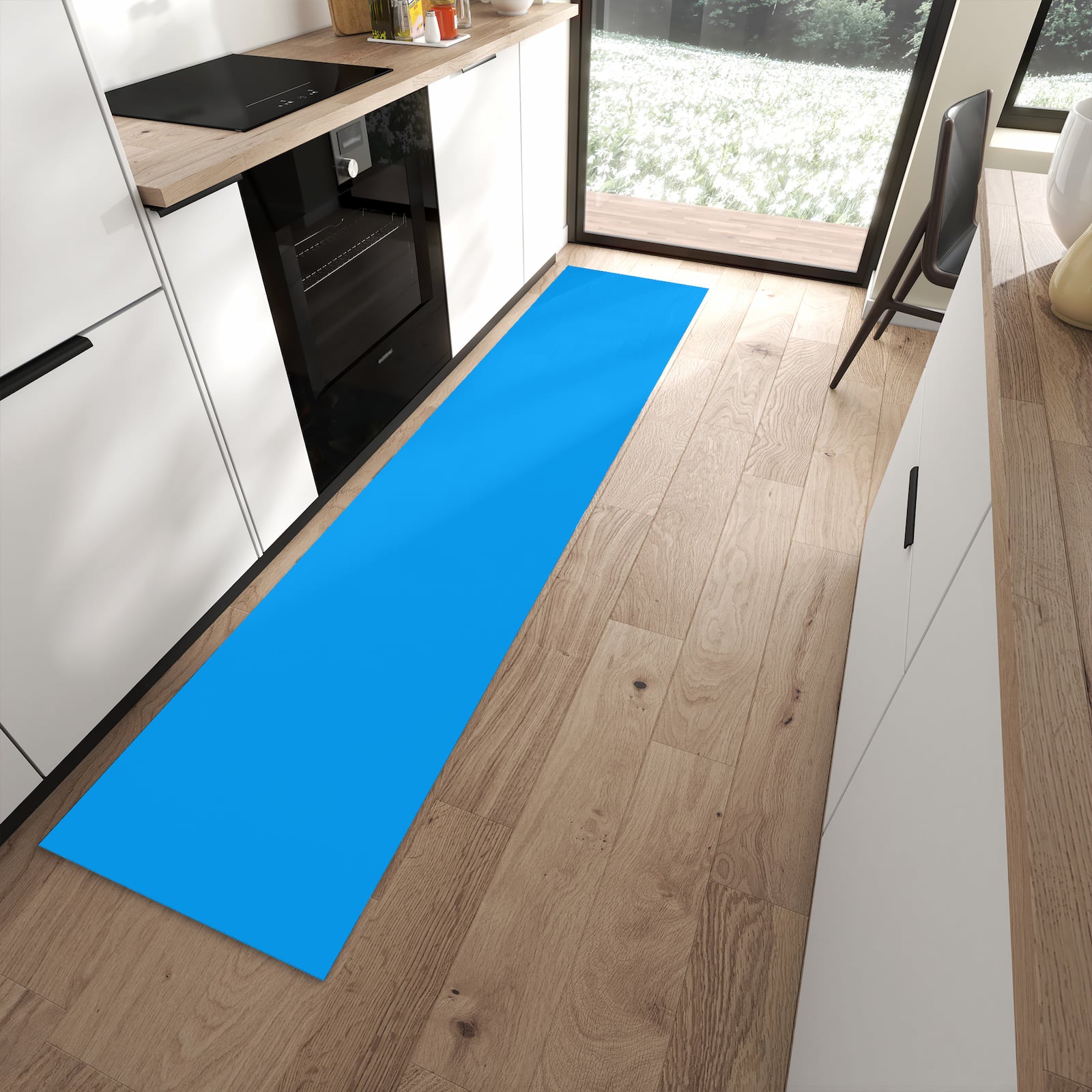 Formstabiler rutschfester Küchenläufer mit Motiv Hellblauer Hintergrund II in moderner Küche