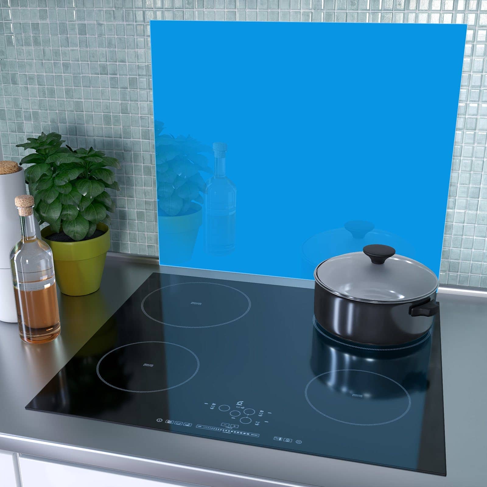 1-teilige Glasabdeckplatte für Ceranfeld mit Hellblauer Hintergrund II-Motiv als Spritzschutz hinter dem Kochfeld