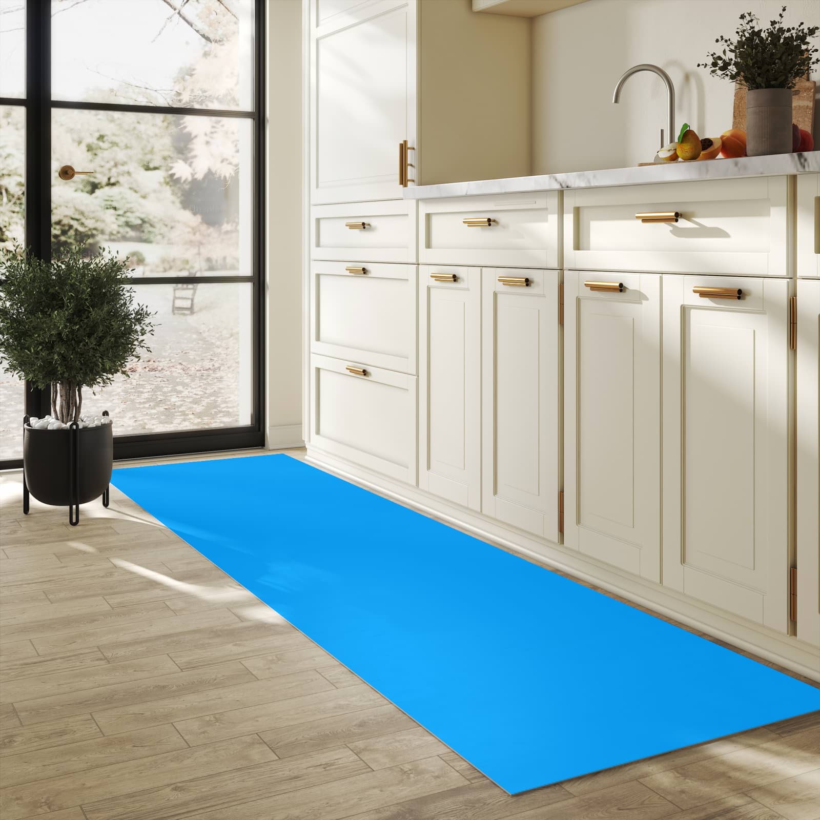 UV-beständiger Küchenläufer mit Motiv Hellblauer Hintergrund II in heller Küche