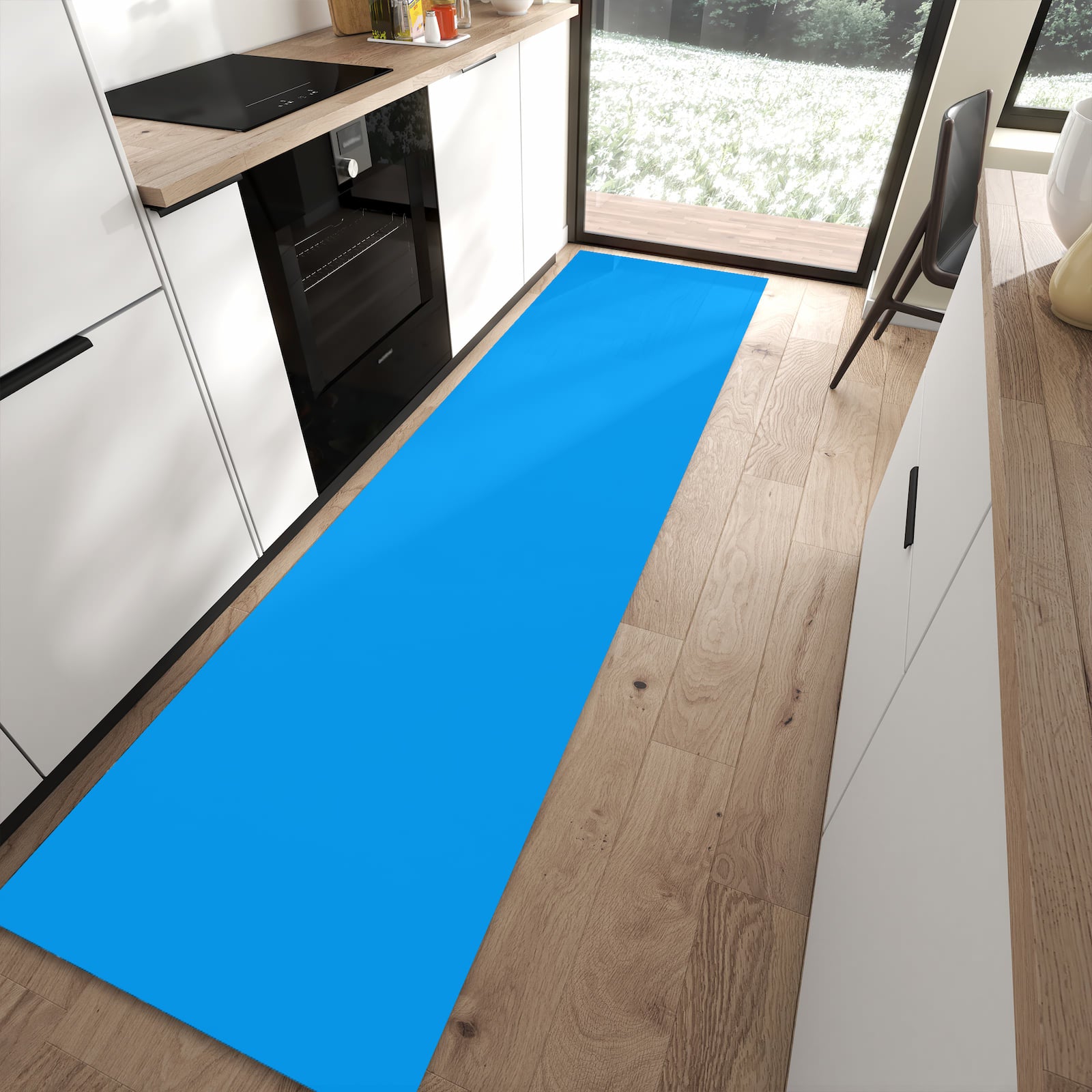 Komfortabler Küchenläufer mit Motiv Hellblauer Hintergrund II in moderner Küche