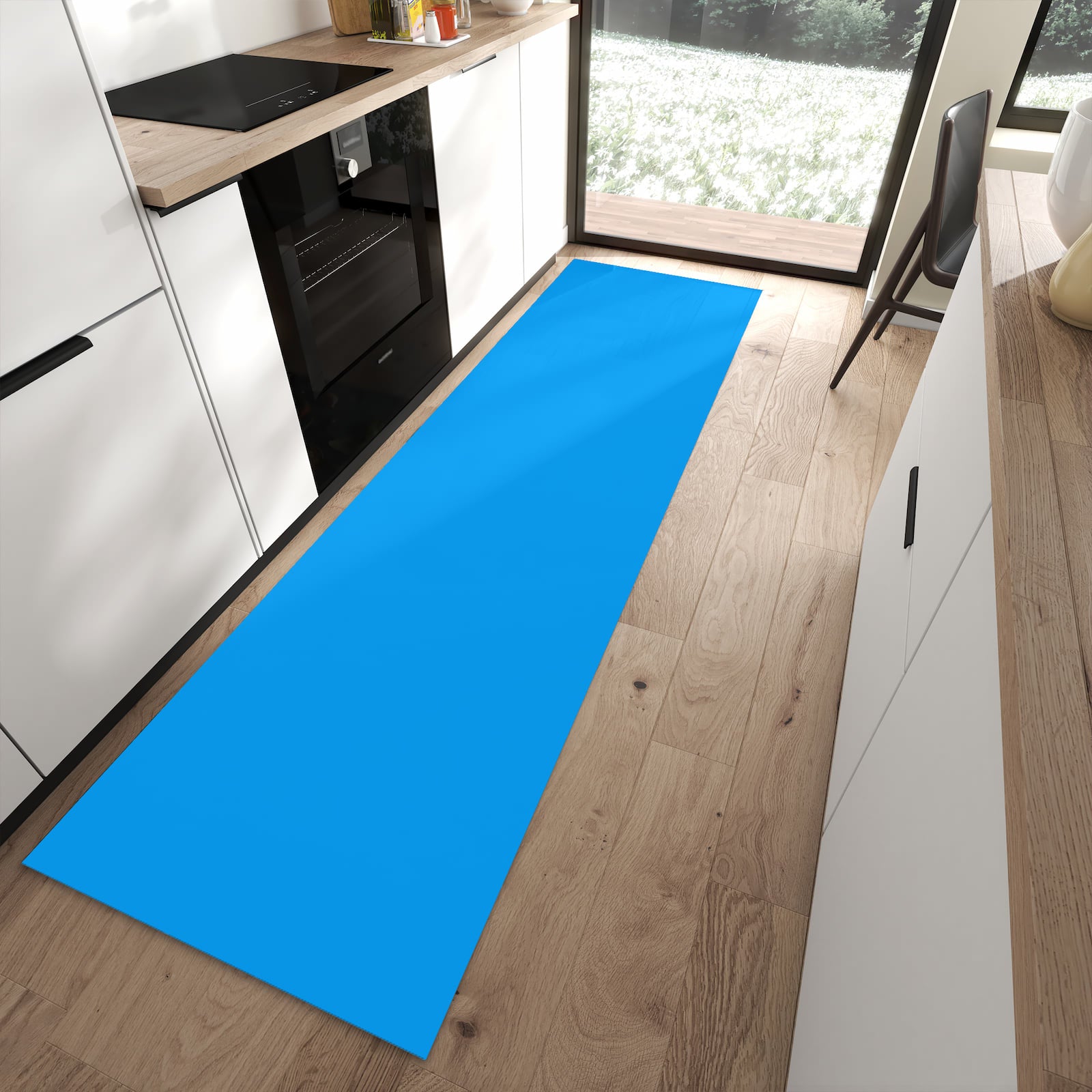 UV-beständiger Küchenläufer mit Motiv Hellblauer Hintergrund II in moderner Küche - waschbar