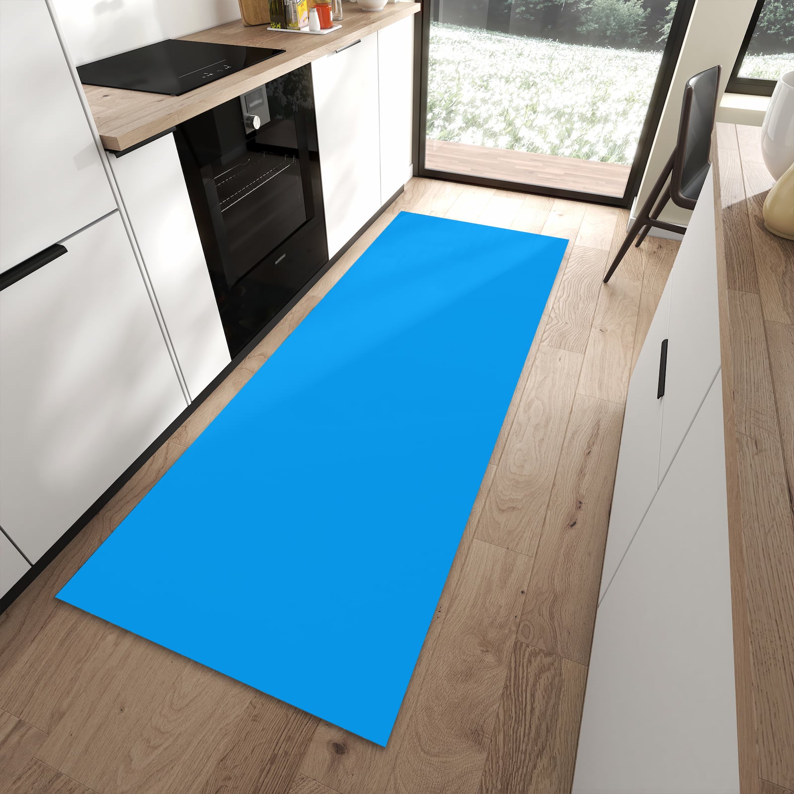 Fleckenresistenter abwaschbarer Küchenteppich mit Motiv Hellblauer Hintergrund II in moderner Küche