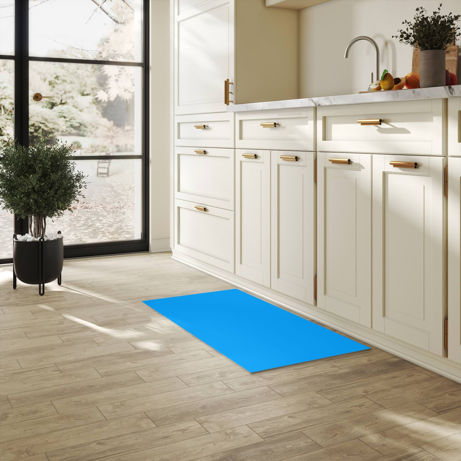 Feuchtigkeitsresistenter Küchenteppich mit Motiv Hellblauer Hintergrund II in heller Küche
