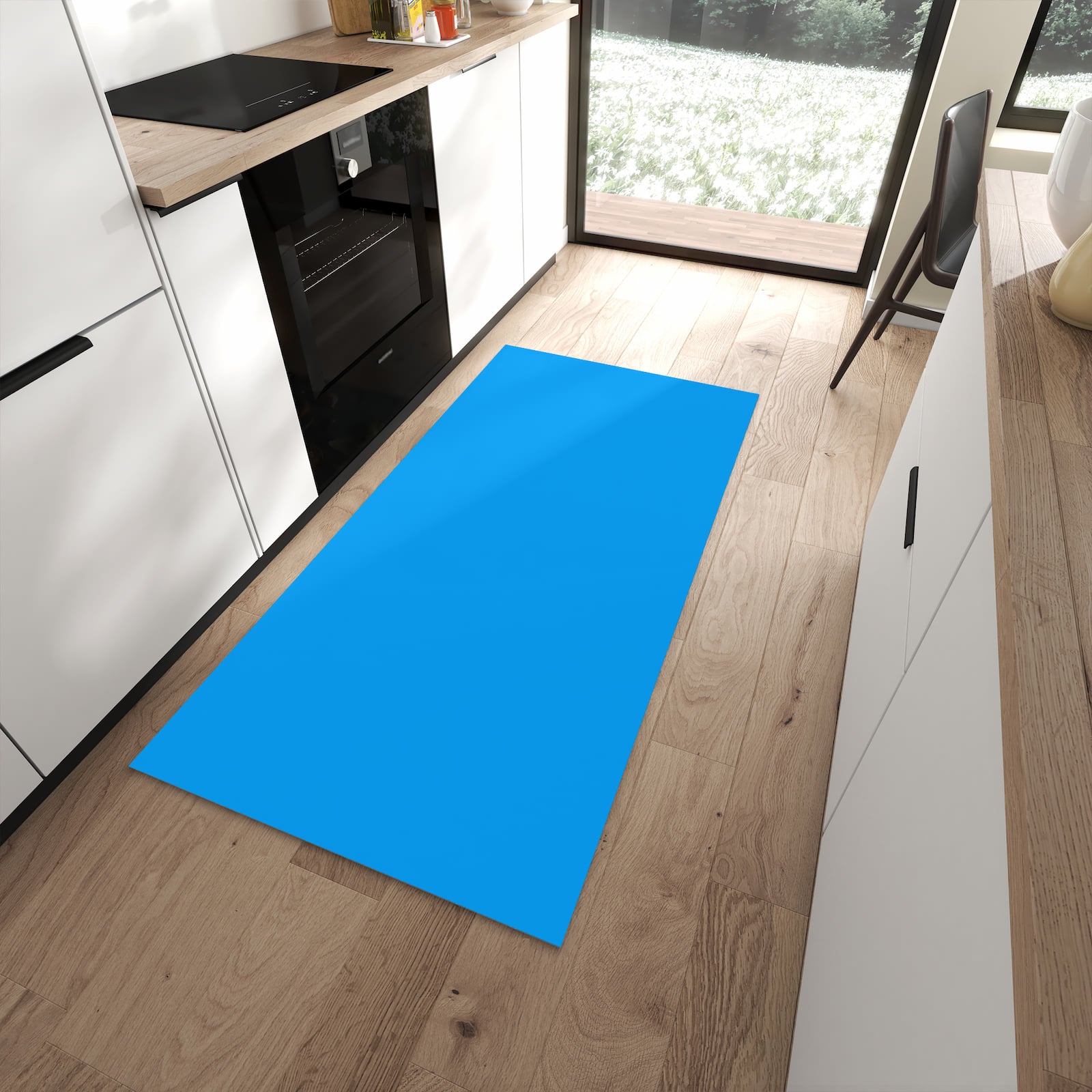 Wasserabweisender Küchenläufer mit Motiv Hellblauer Hintergrund II in moderner Küche