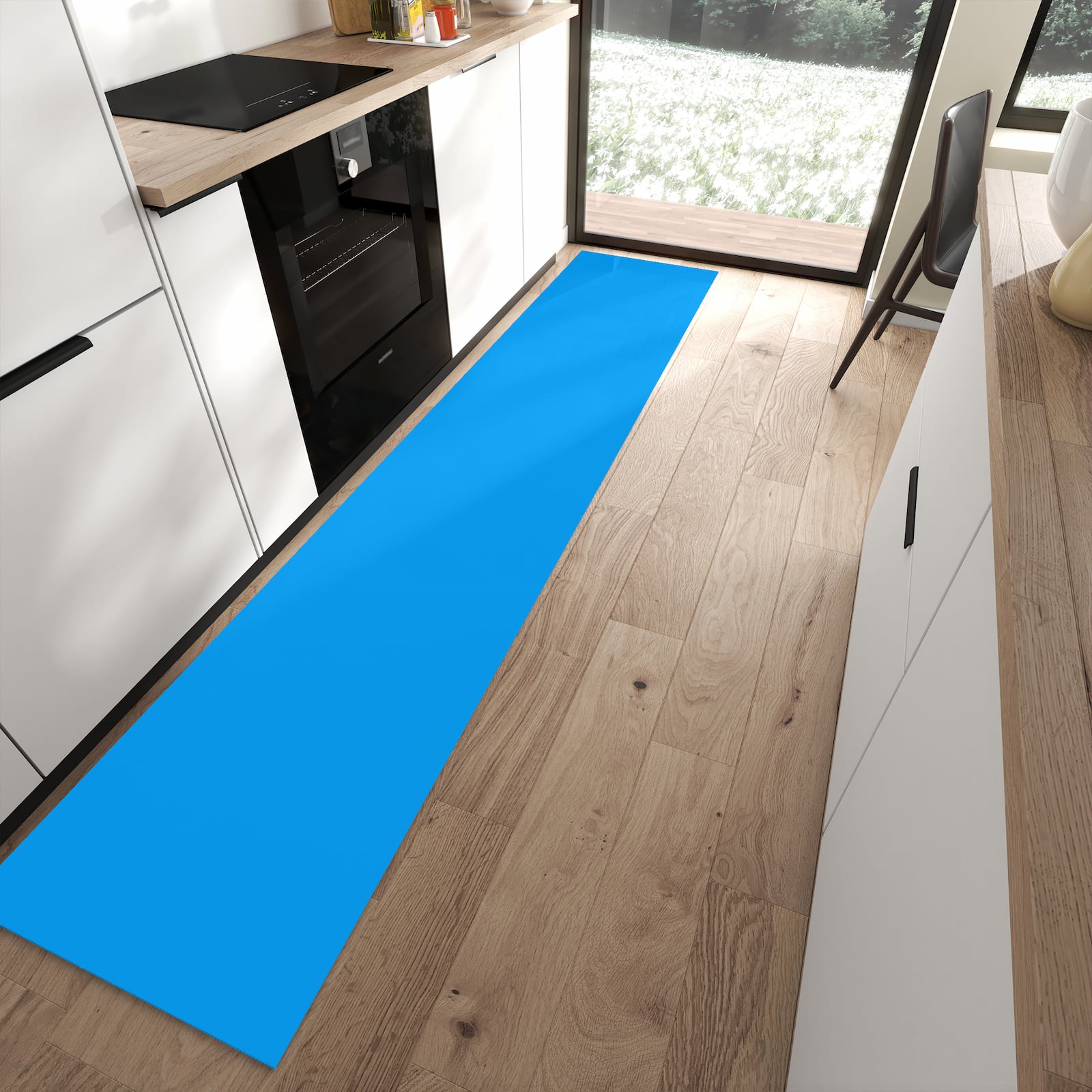 Waschbarer Küchenläufer mit Motiv Hellblauer Hintergrund II in moderner Küche für sicheres Aufbewahren