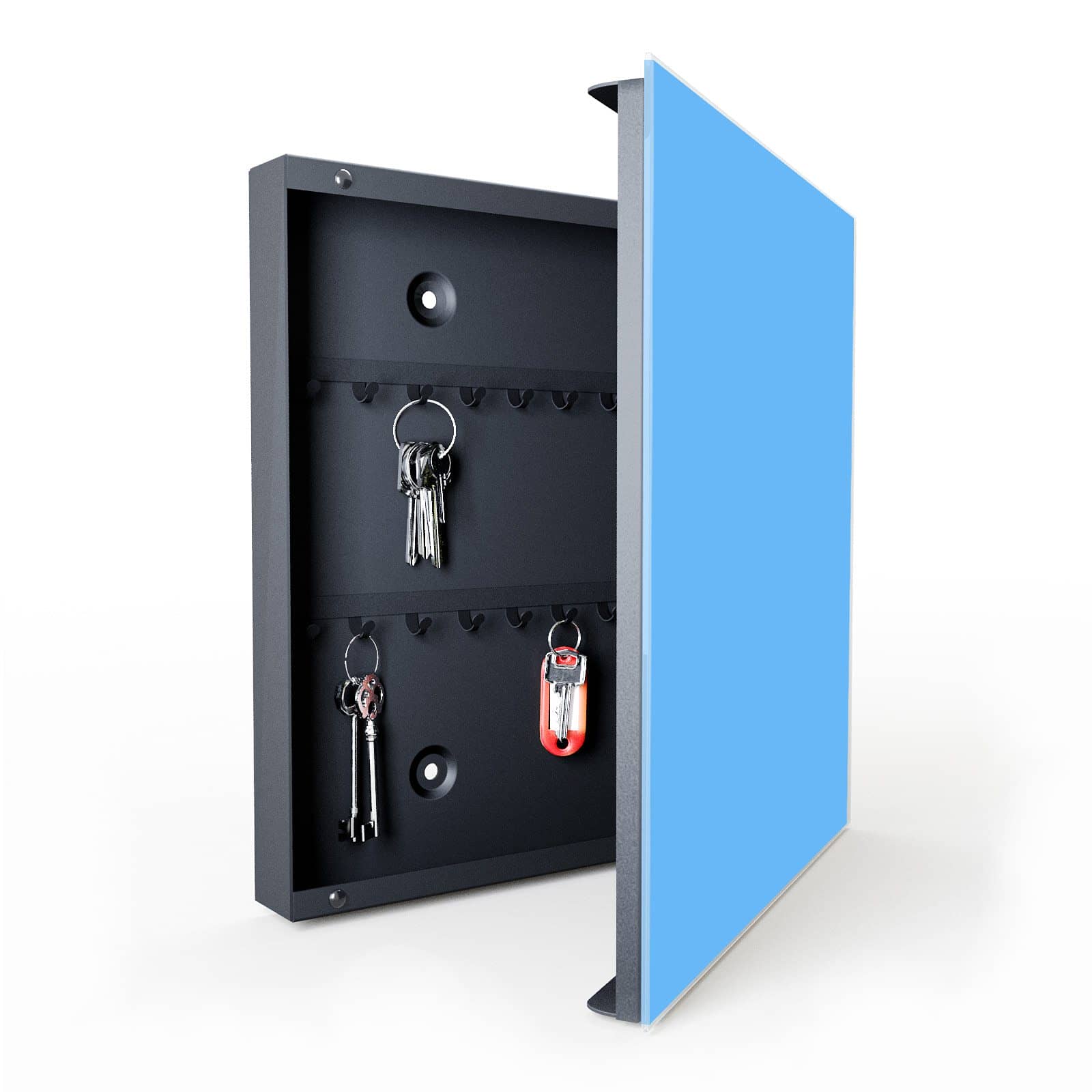 Rostfreier Schlüsselkasten Design mit Motiv Himmelblauer Hintergrund in geöffneter Innenansicht