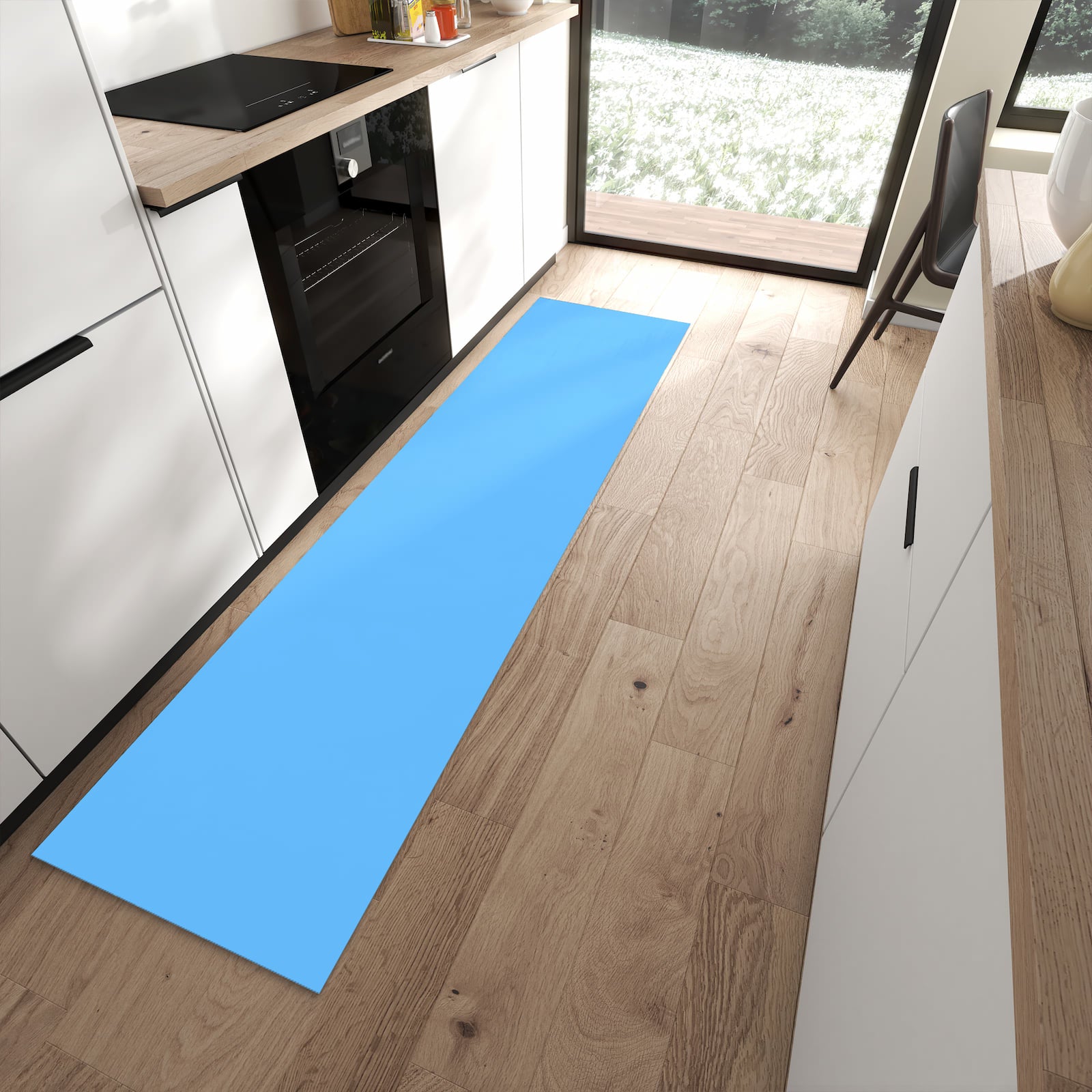 Komfortabler waschbarer Küchenteppich mit Motiv Himmelblauer Hintergrund in moderner Küche