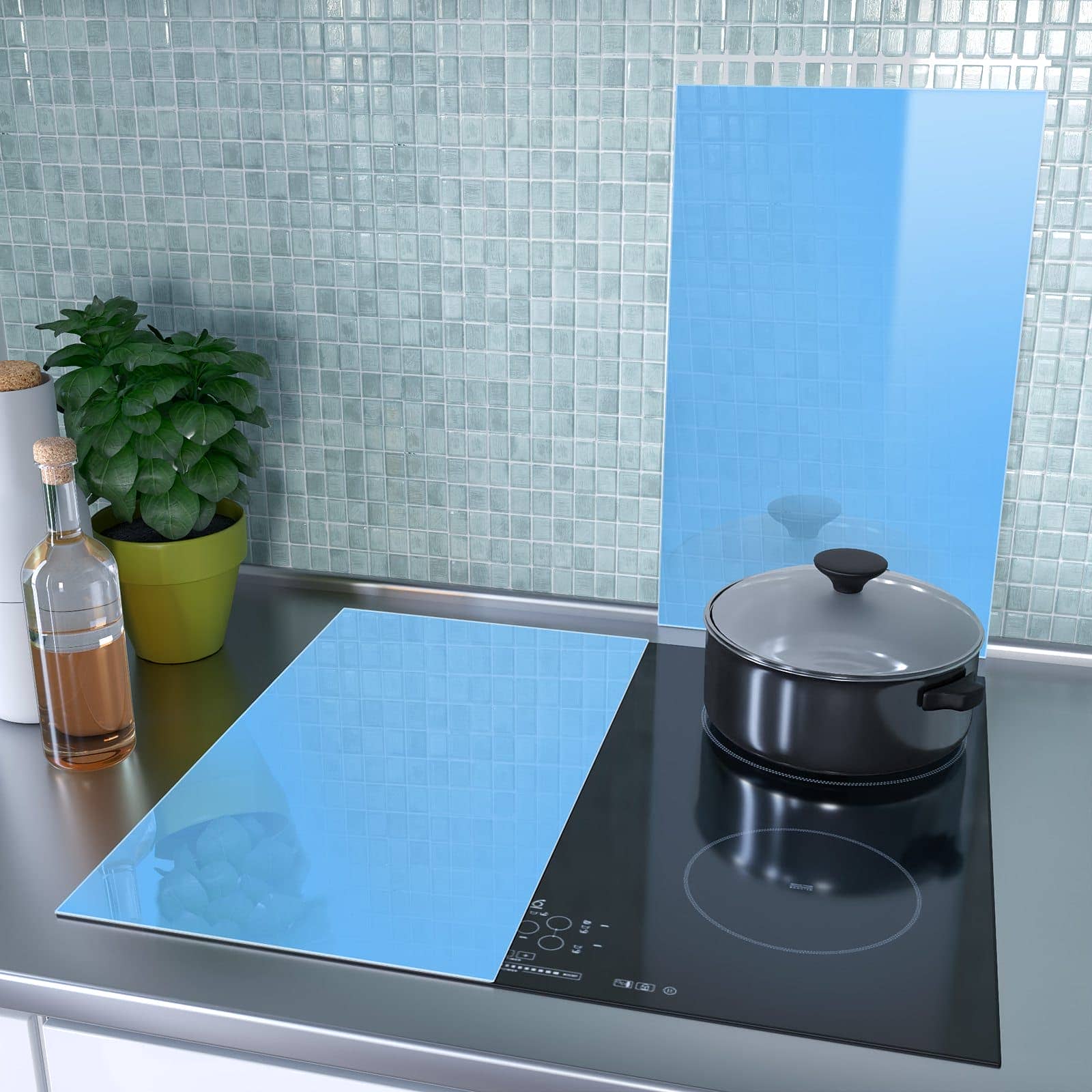 2-teilige Herdabdeckplatten aus Glas mit Himmelblauer Hintergrund-Motiv als Spritzschutz hinter dem Kochfeld