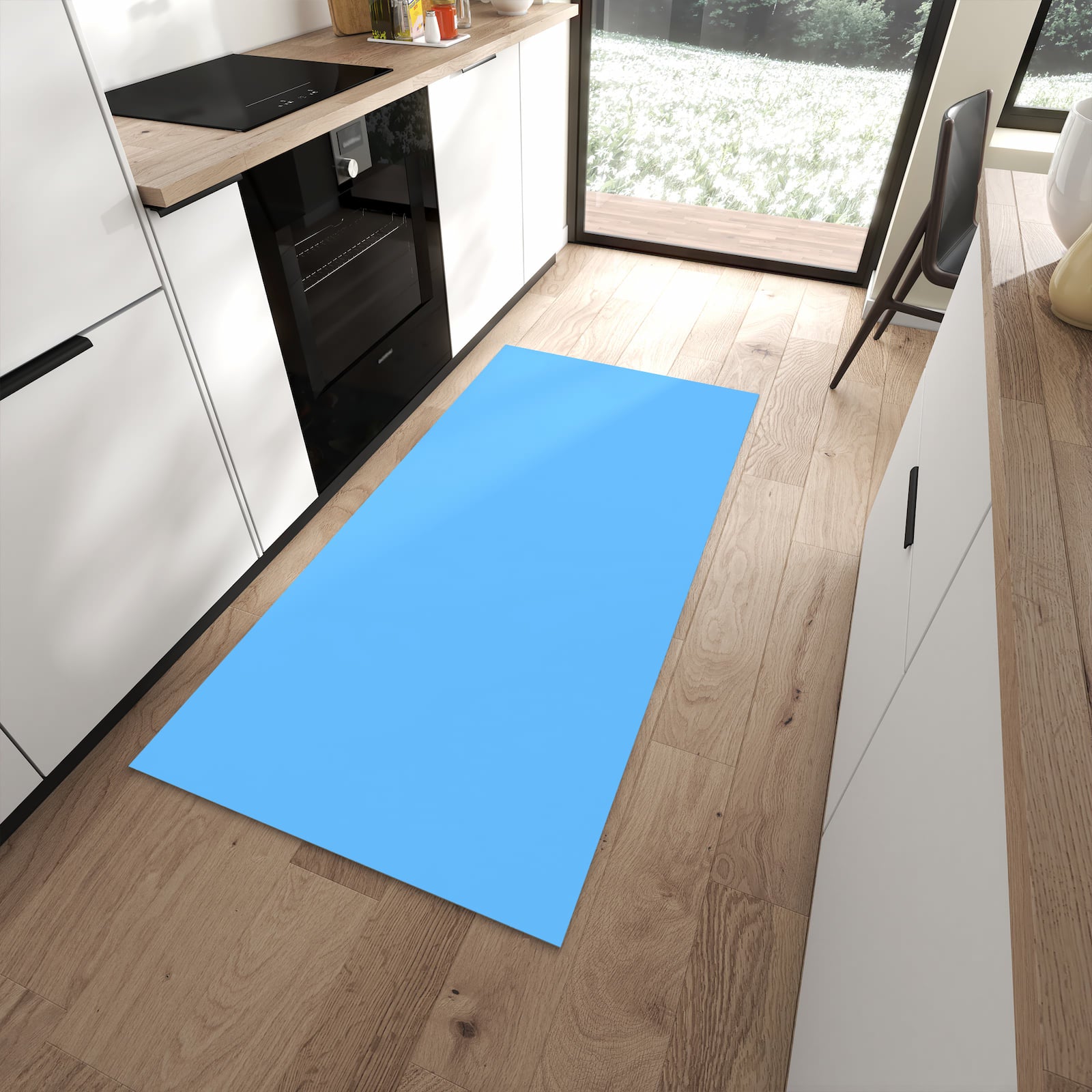 Rutschfester Küchenteppich mit Motiv Himmelblauer Hintergrund in moderner Küche