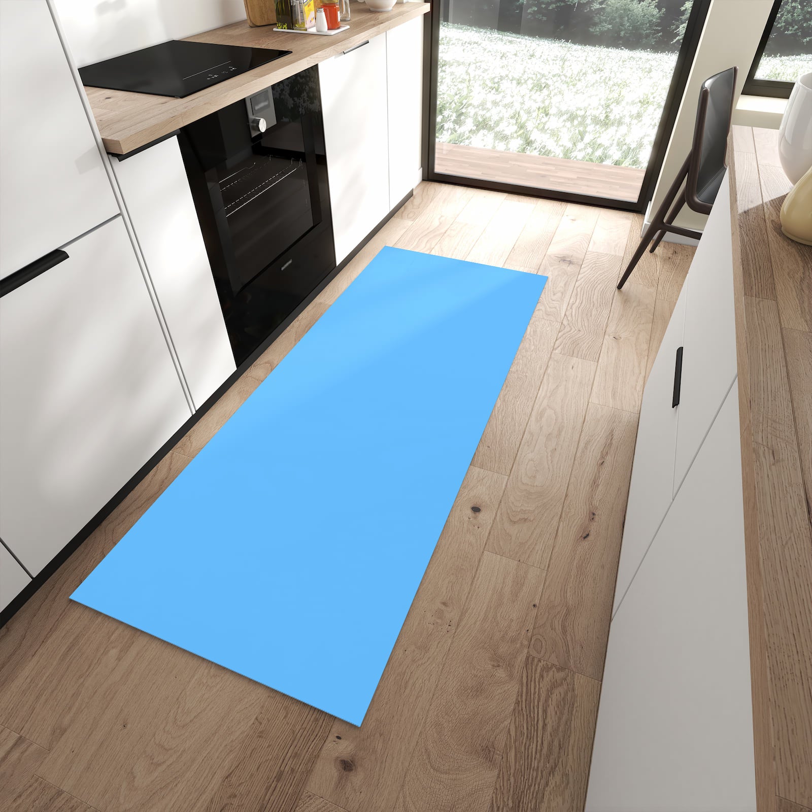 Hygienischer Küchenteppich mit Motiv Himmelblauer Hintergrund in moderner Küche - leicht waschbar