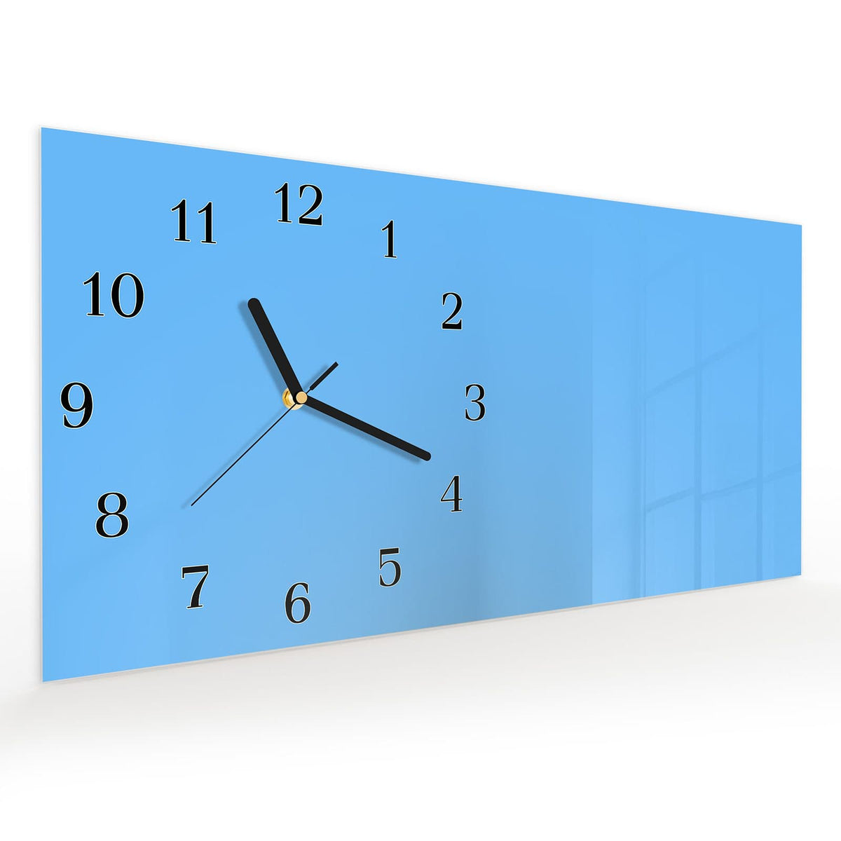 Vormontiert – mit Schwebeeffekt – Wanduhr Himmelblauer Hintergrund aus Glas – Querformat 60 × 30 cm