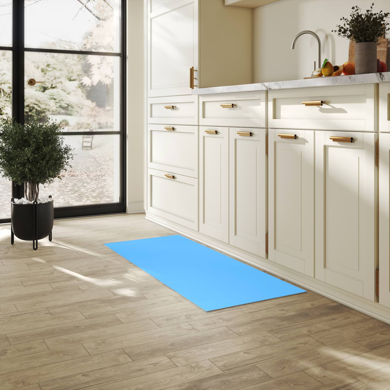 Langlebiger waschbarer Küchenläufer mit Motiv Himmelblauer Hintergrund in heller Küche