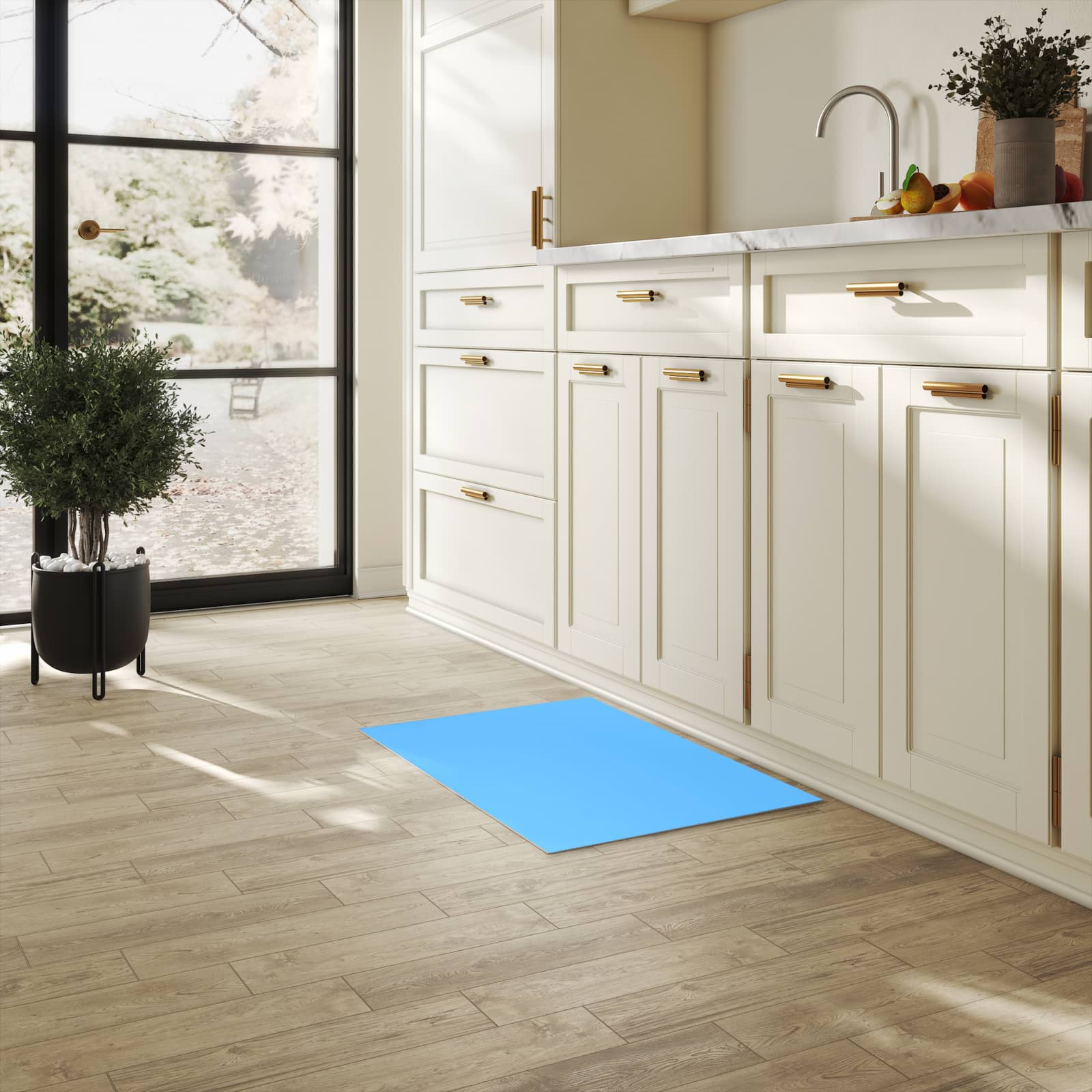 Rutschfester Küchenteppich mit Motiv Himmelblauer Hintergrund in heller Küche, einfach zu reinigen