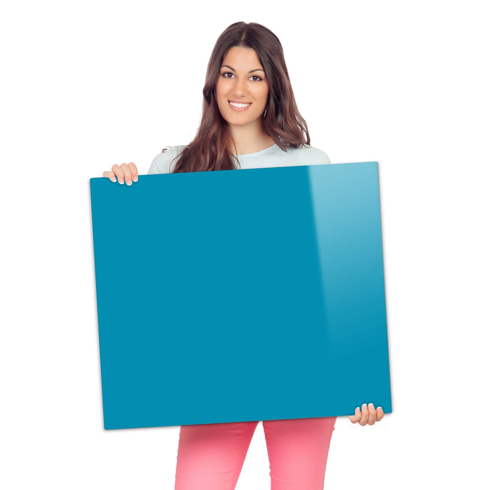 Herdabdeckplatten für Ceranfeld mit Türkiser Hintergrund I-Motiv wird zur Größendarstellung gehalten