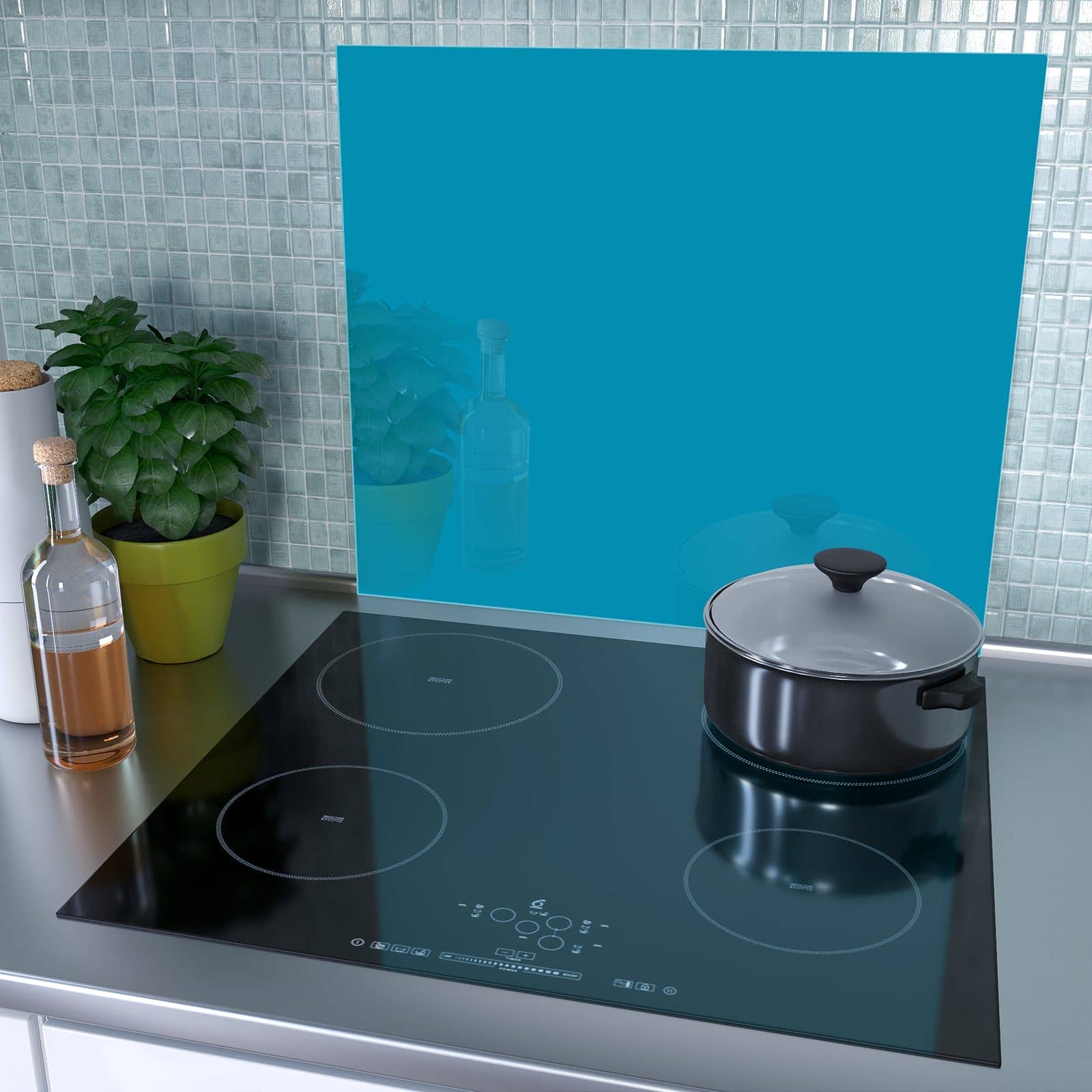 1-teilige Ceranfeld Abdeckungen mit Türkiser Hintergrund I-Motiv als Spritzschutz hinter dem Kochfeld