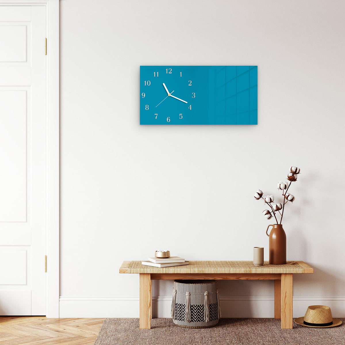 Moderne Wanduhr aus Glas mit Farbtiefe – Wanduhr Türkiser Hintergrund I aus Glas – Querformat 60 × 30 cm