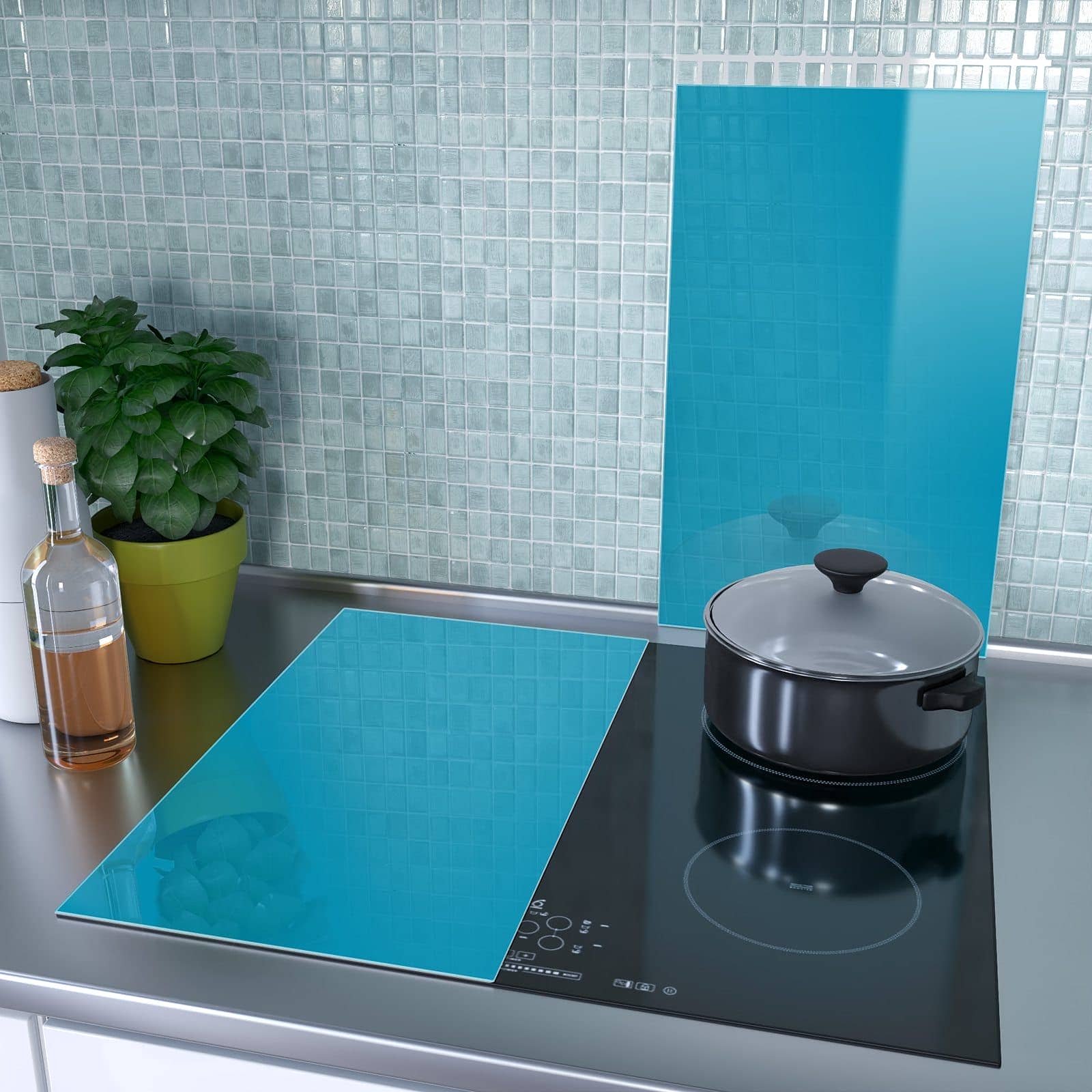 2-teilige Herdabdeckplatte mit Türkiser Hintergrund I-Motiv als Spritzschutz hinter dem Kochfeld