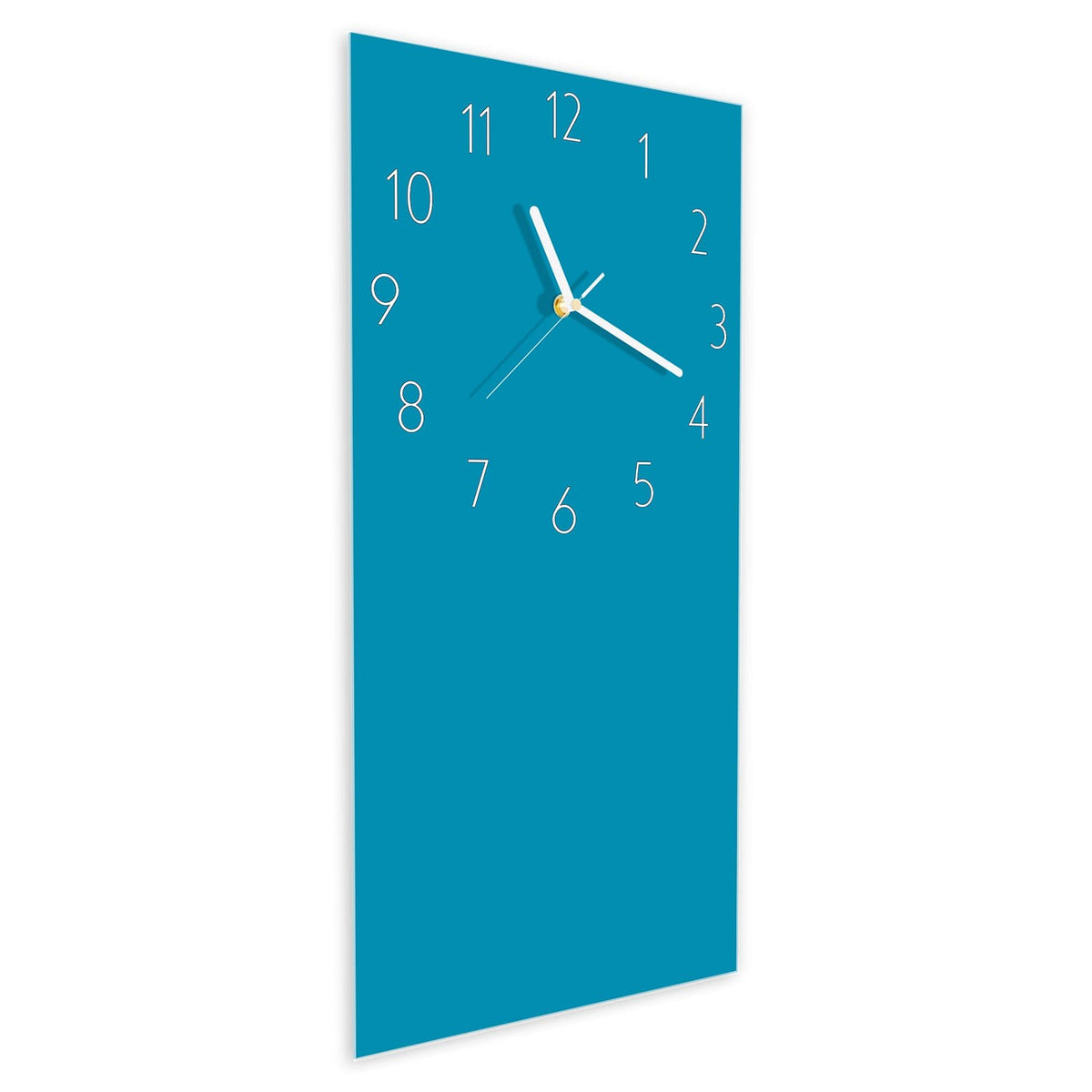 Wanduhr aus Glas im Hochformat Petrolblau schräg von der Seite, 4 mm starkes Glas