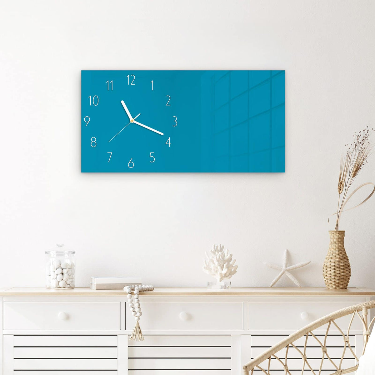 Wanduhr Türkiser Hintergrund I aus Glas – Querformat 60 × 30 cm – Frisches Türkis als Farbfläche