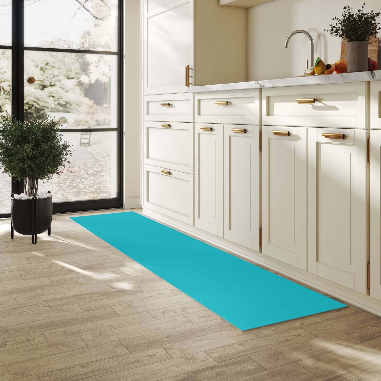 Pflegeleichter Küchenläufer nach Maß mit Motiv Türkiser Hintergrund II in heller Küche
