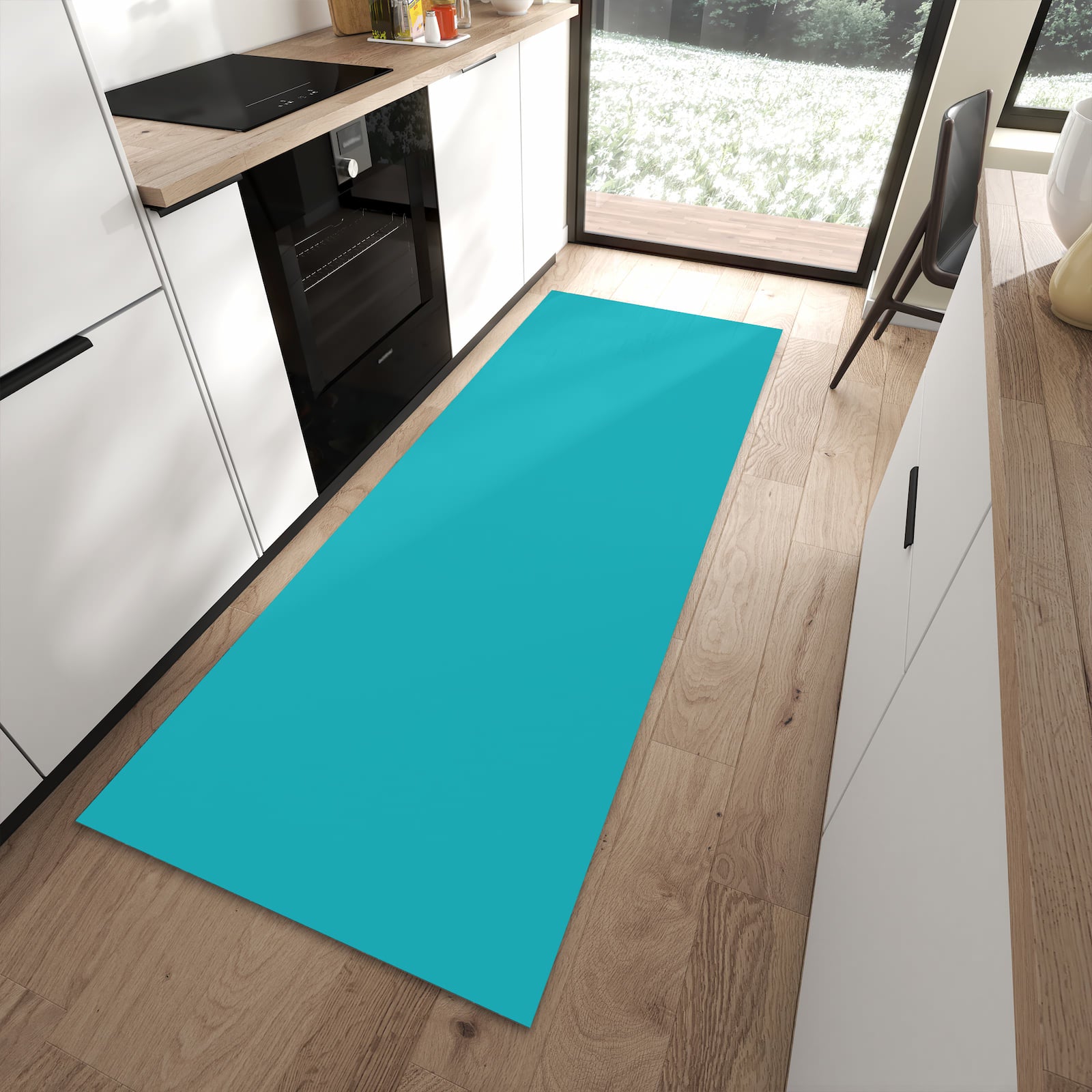 Ordnungsschaffender Küchenläufer mit Motiv Türkiser Hintergrund II in moderner Küche