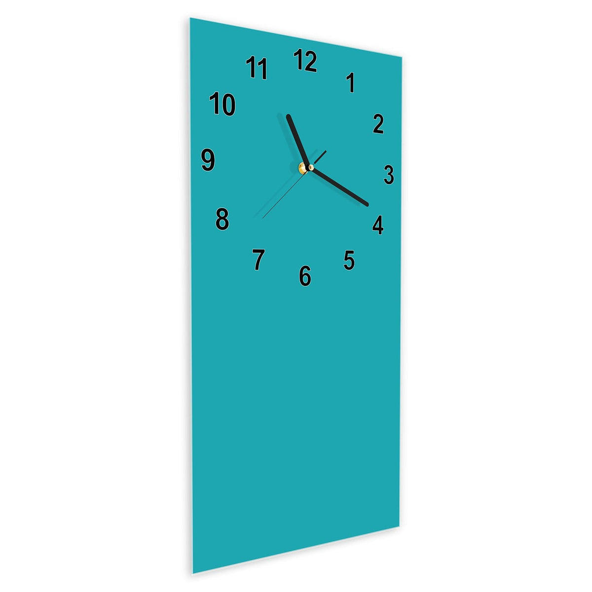 Wanduhr aus Glas im Hochformat Lagunentürkis schräg von der Seite, 4 mm starkes Glas