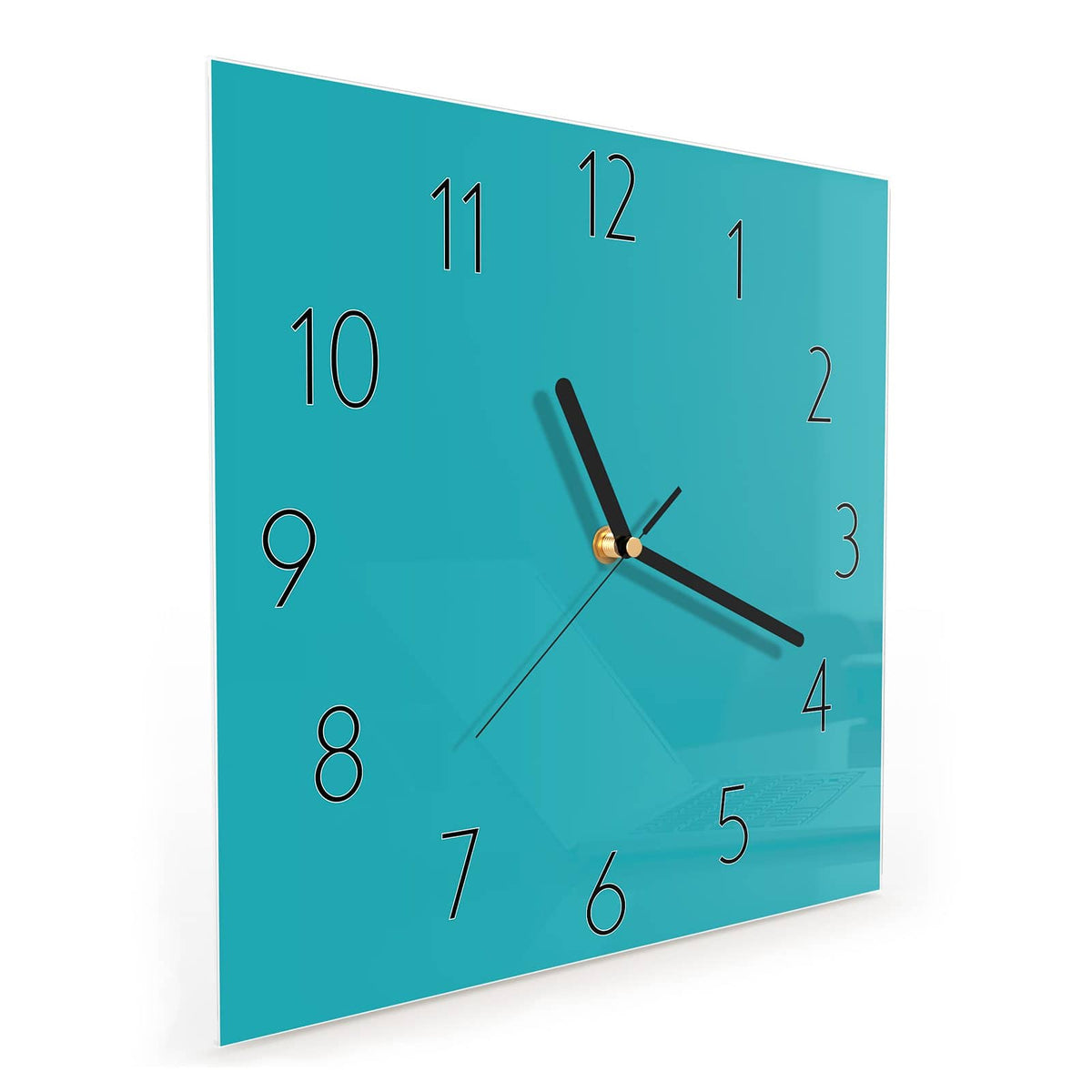 Quadratische Wanduhr aus Glas Lagunentürkis schräg von der Seite, 4 mm starkes Glas