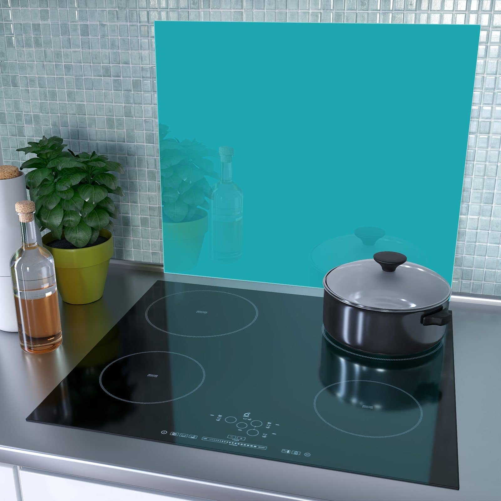 1-teilige Kochfeldabdeckung mit Türkiser Hintergrund II-Motiv als Spritzschutz hinter dem Kochfeld