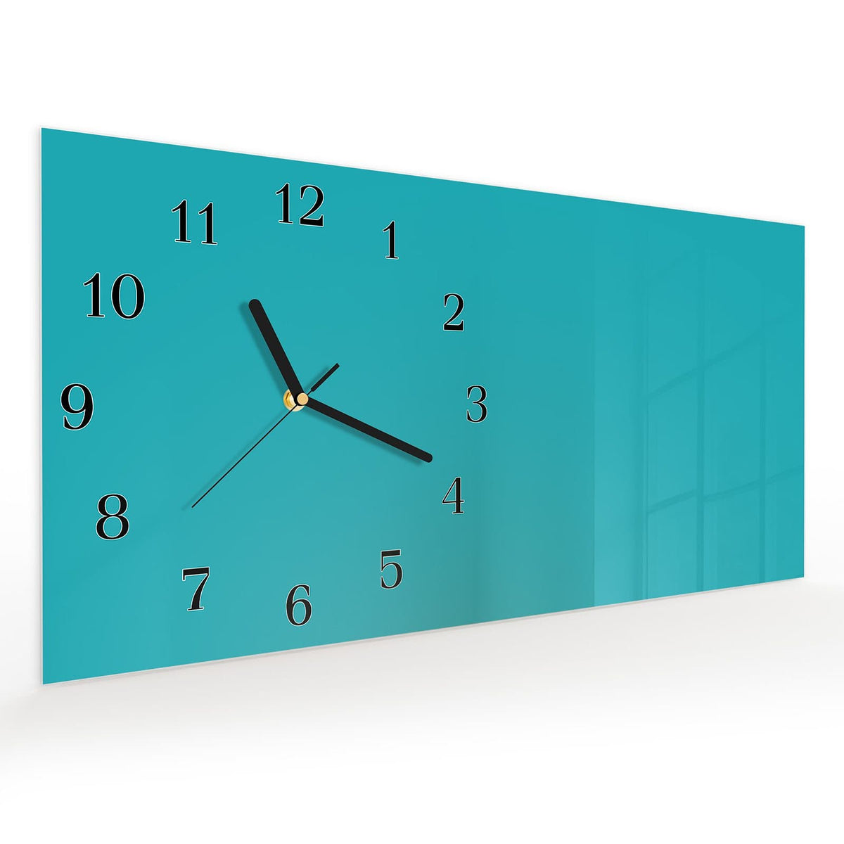 Vormontiert – mit Schwebeeffekt – Wanduhr Türkiser Hintergrund II aus Glas – Querformat 60 × 30 cm