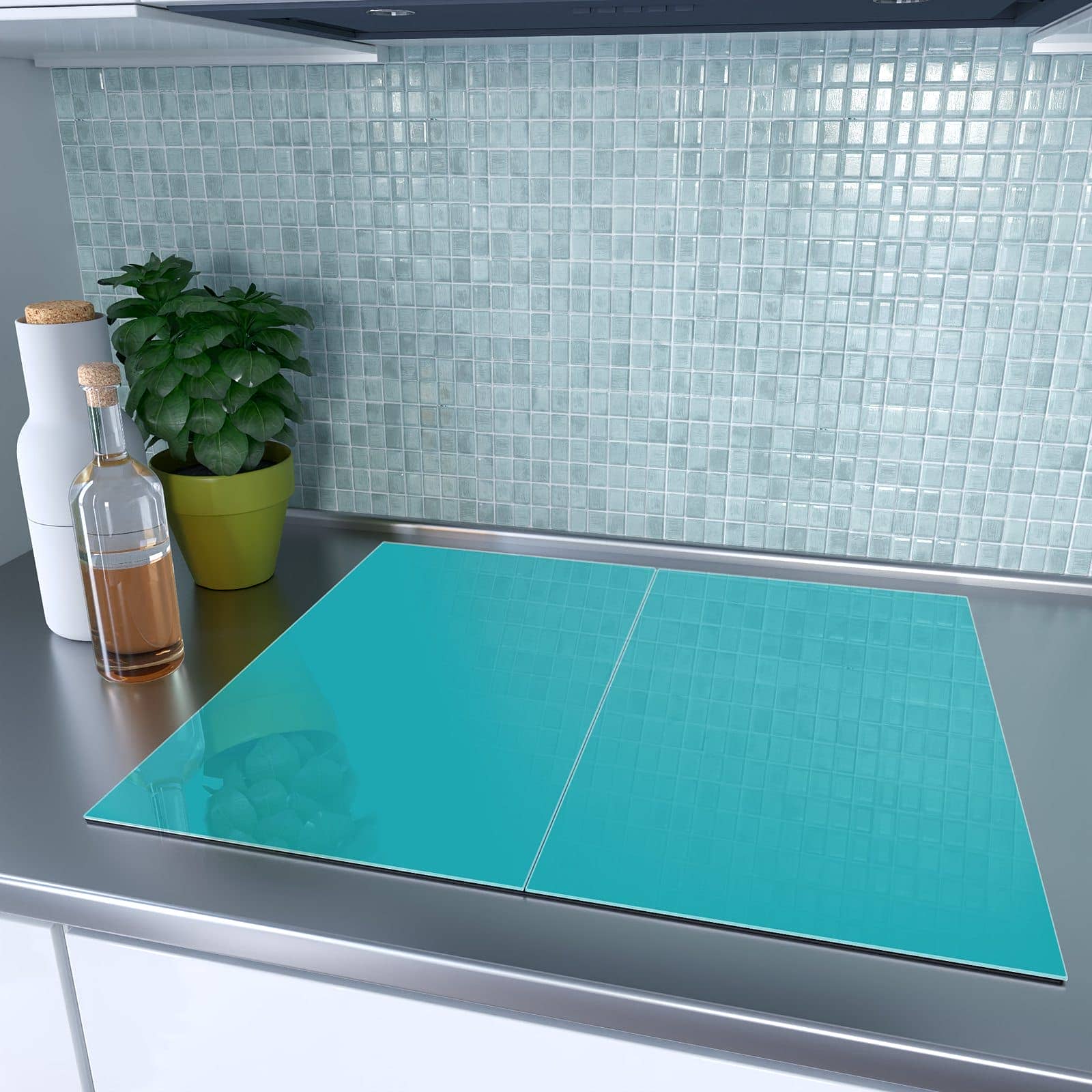 2-teilige Herdabdeckplatte Induktion mit Türkiser Hintergrund II-Motiv auf dem Ceranfeld