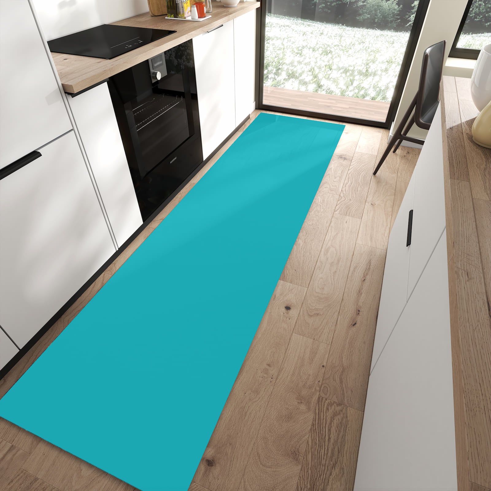Feuchtigkeitsresistenter Küchenvorleger mit Motiv Türkiser Hintergrund II in moderner Küche