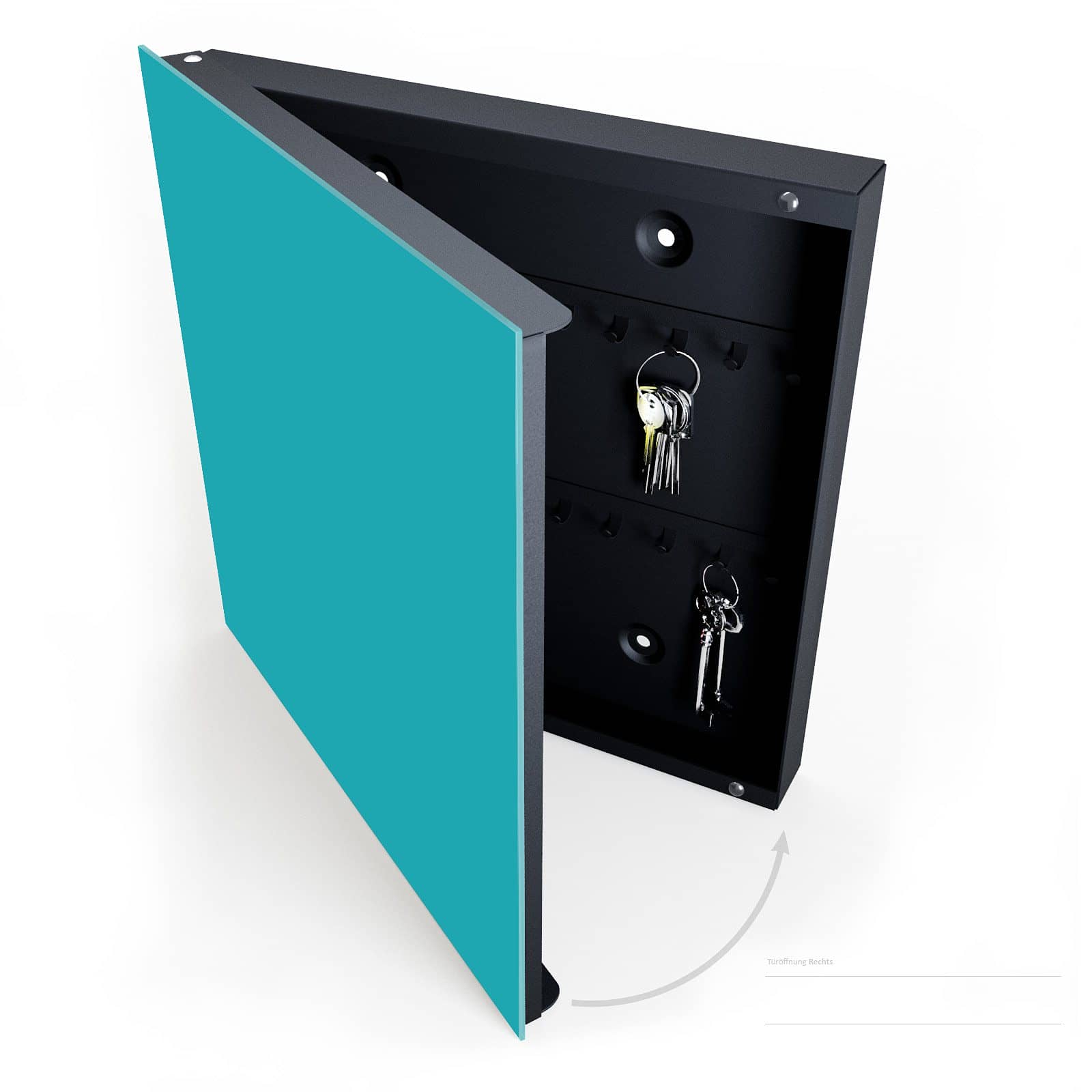 Pflegeleichte Schlüsselbox mit Motiv Türkiser Hintergrund II halboffen mit Schlüsseln