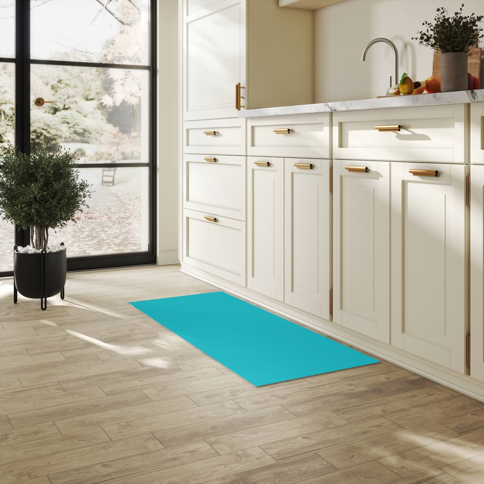 Pflegeleichter waschbarer Küchenläufer mit Motiv Türkiser Hintergrund II in heller Küche