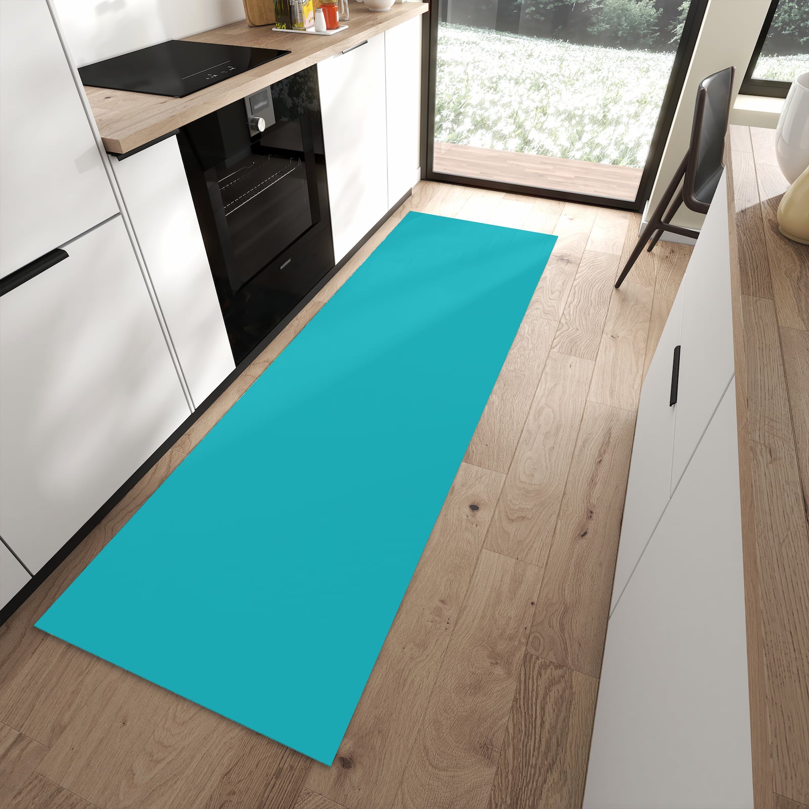 Langlebiger Küchenläufer mit Motiv Türkiser Hintergrund II in moderner Küche