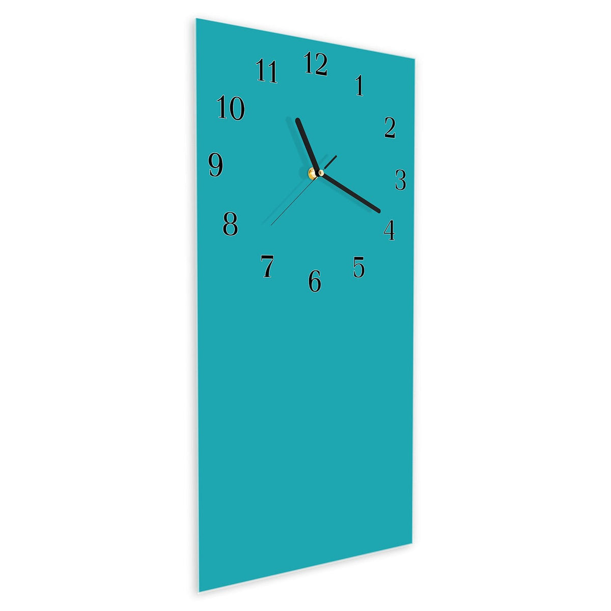 Wanduhr aus Glas im Hochformat Lagunentürkis schräg von der Seite, 4 mm starkes Glas
