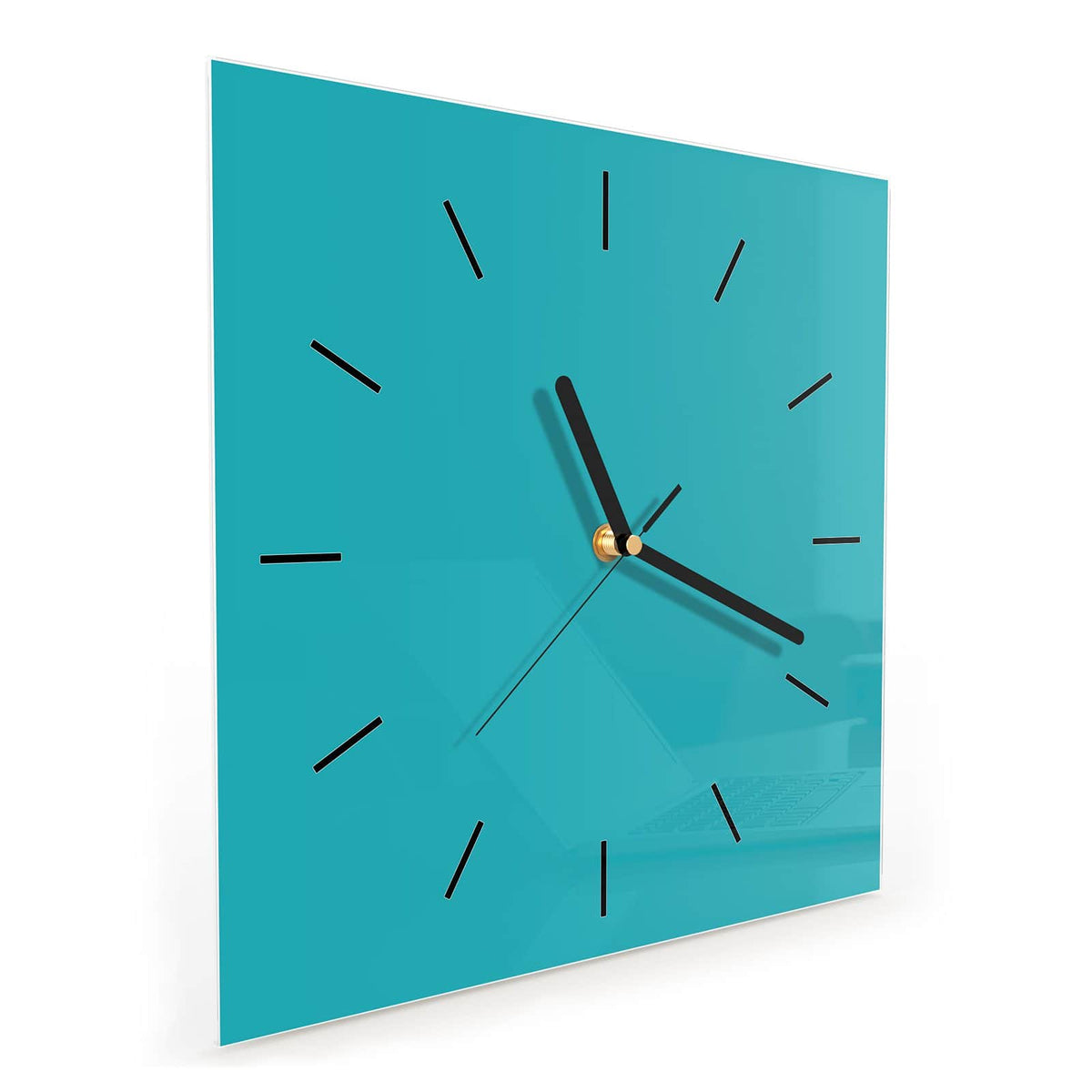 Quadratische Wanduhr aus Glas Lagunentürkis schräg von der Seite, 4 mm starkes Glas