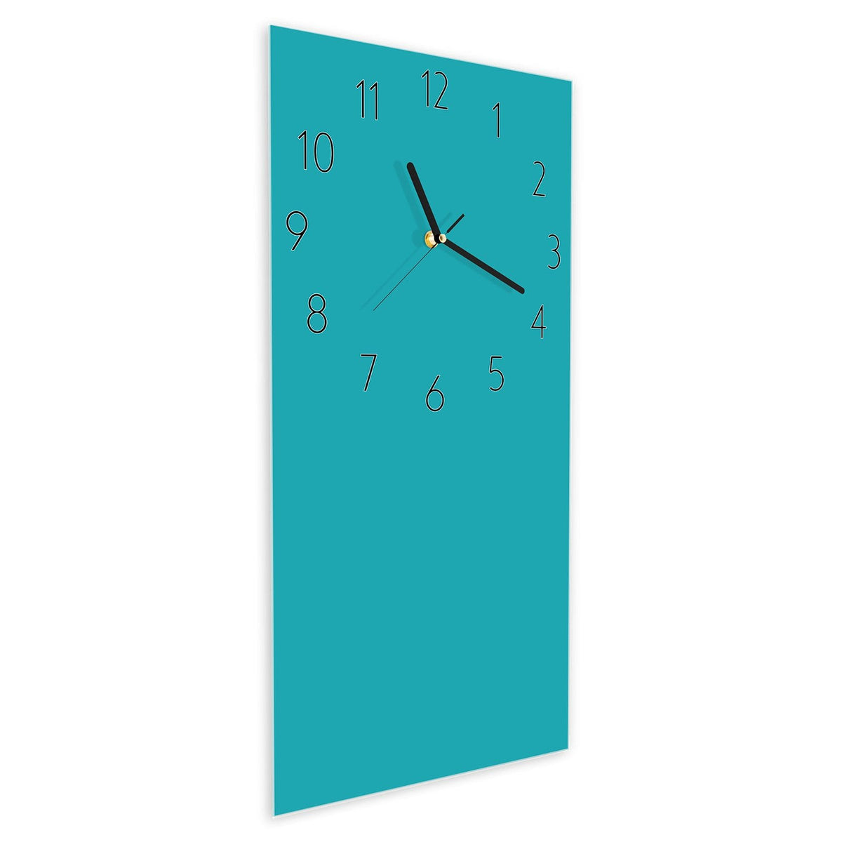 Wanduhr aus Glas im Hochformat Lagunentürkis schräg von der Seite, 4 mm starkes Glas