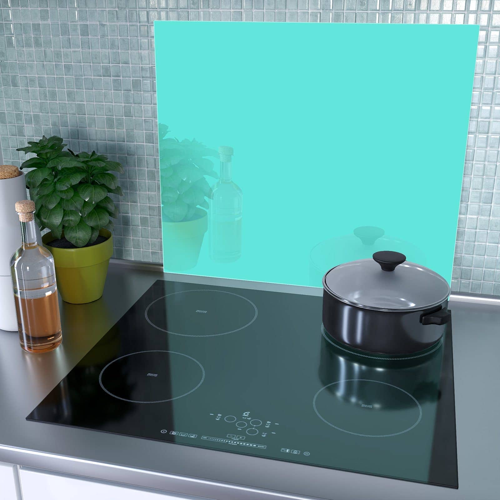 1-teilige Herdabdeckplatte mit Mintblauer Hintergrund-Motiv als Spritzschutz hinter dem Kochfeld