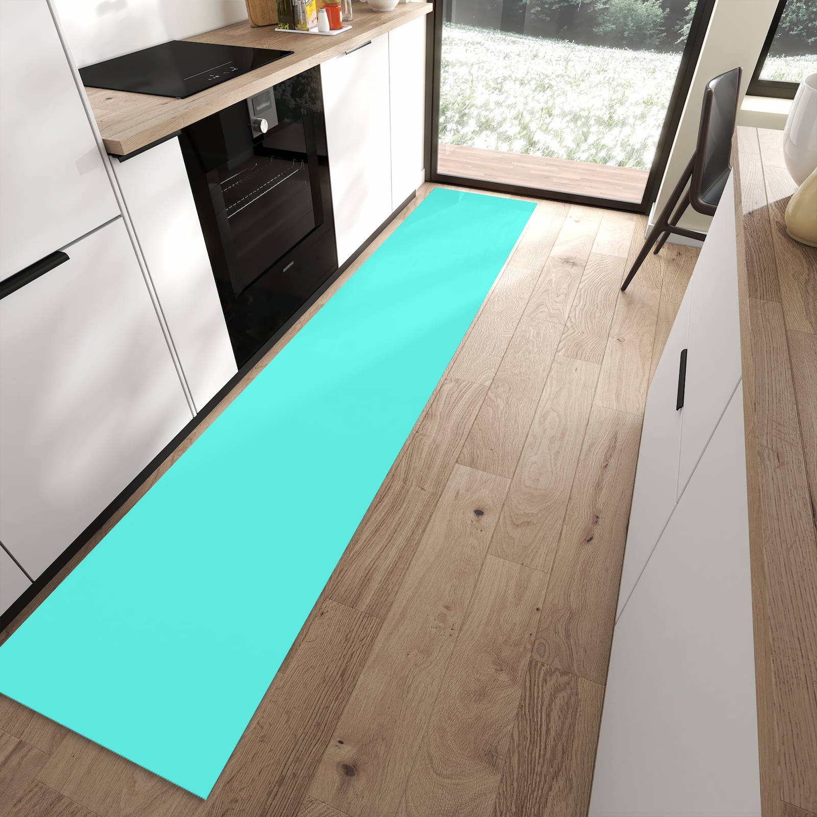 UV-beständiger Küchenläufer mit Motiv Mintblauer Hintergrund in moderner Küche