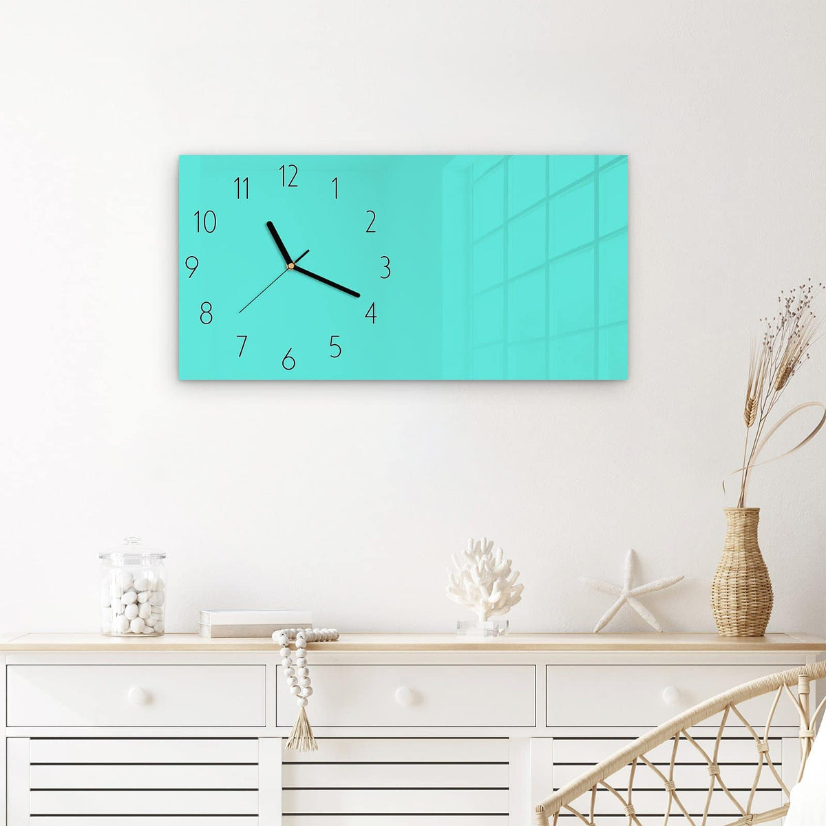Wanduhr Mintblauer Hintergrund aus Glas – Querformat 60 × 30 cm – Frisches Mintblau als ruhige Fläche