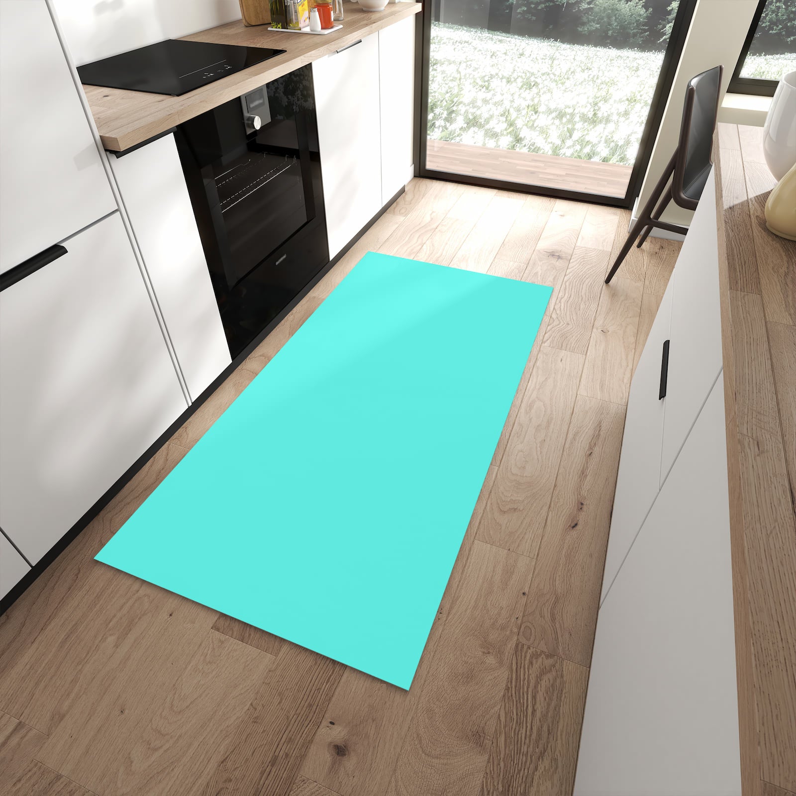 Langlebiger Küchenläufer mit Motiv Mintblauer Hintergrund in moderner Küche