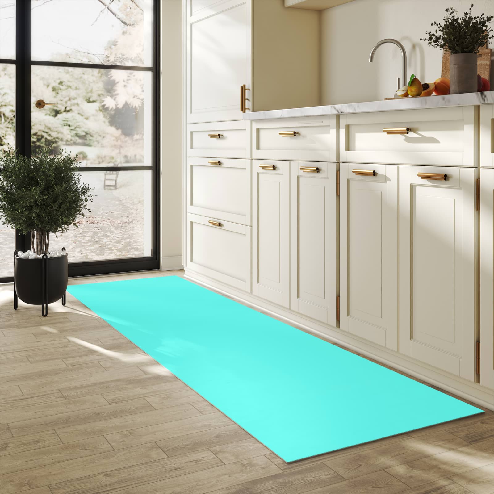 Fleckenresistenter Küchenläufer mit Motiv Mintblauer Hintergrund in heller Küche