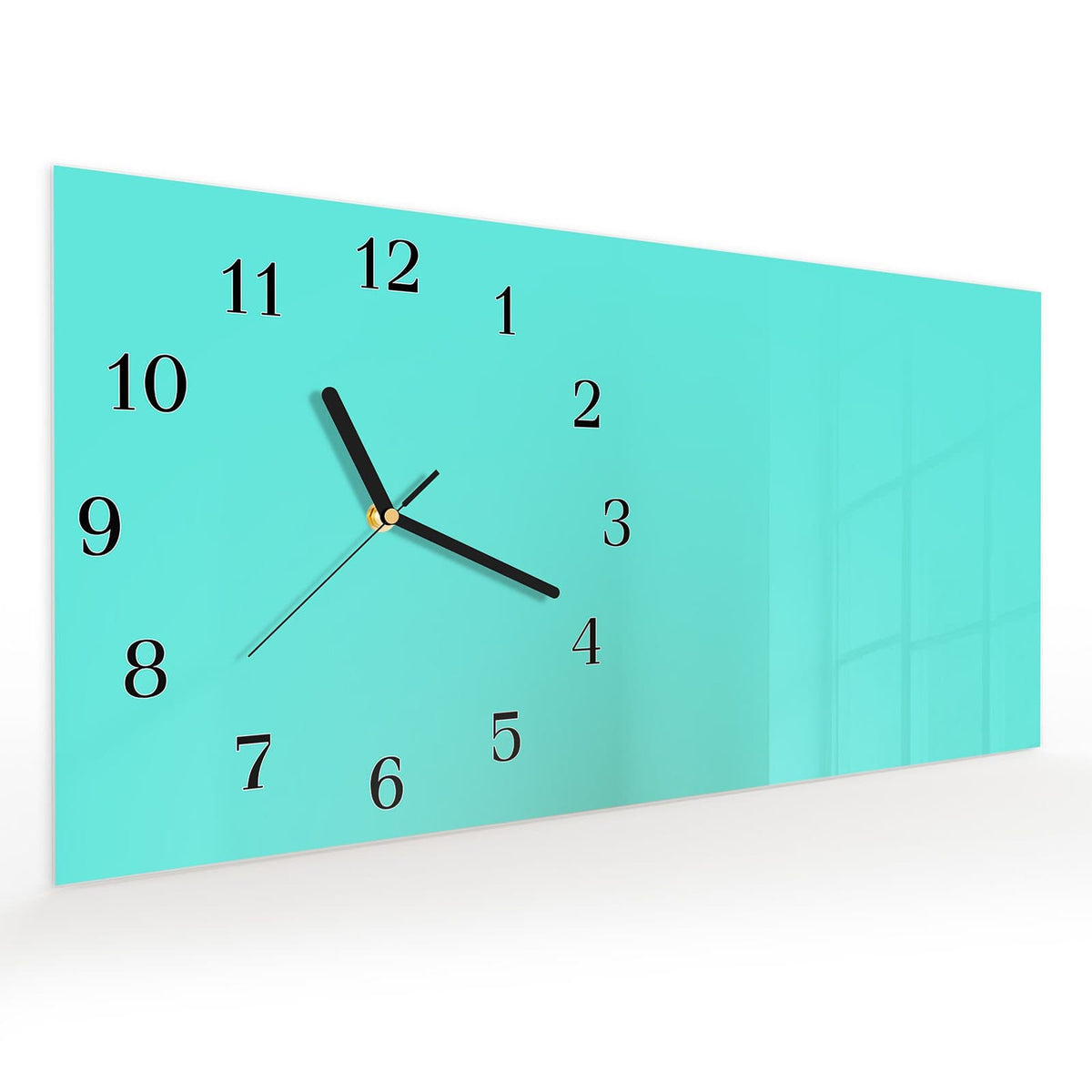 Vormontiert – mit Schwebeeffekt – Wanduhr Mintblauer Hintergrund aus Glas – Querformat 60 × 30 cm