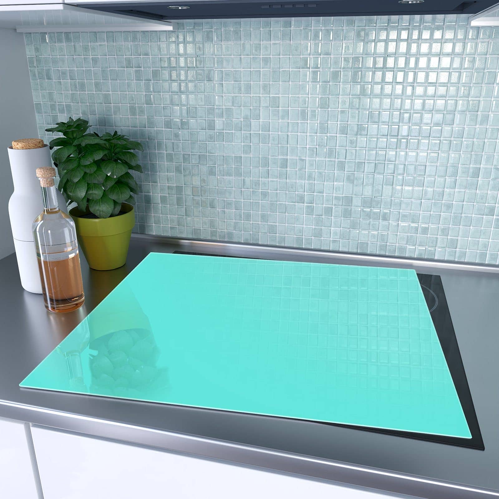1-teilige Herdabdeckplatte aus Glas mit Mintblauer Hintergrund-Motiv auf dem Ceranfeld