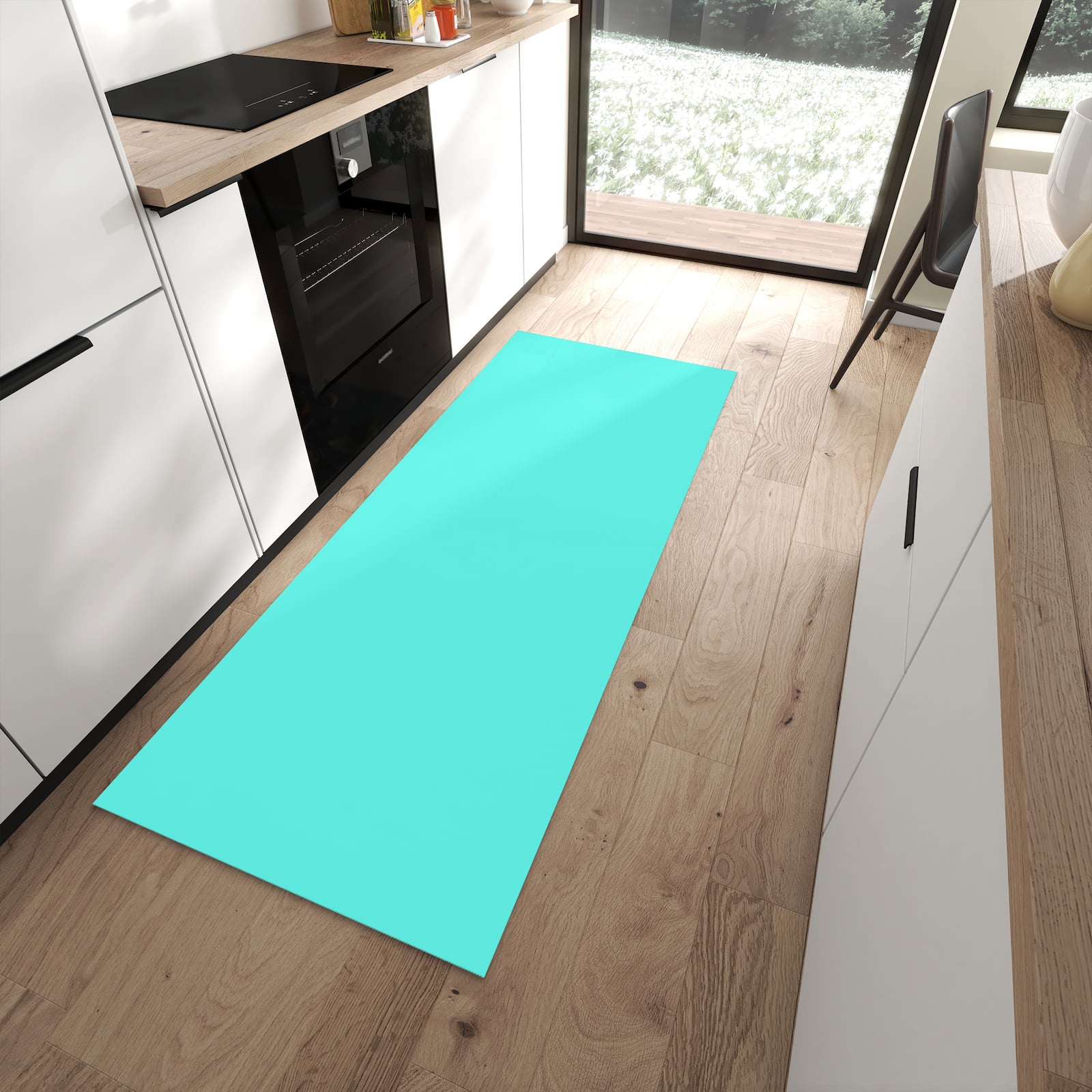 Wasserabweisender Küchenläufer mit Motiv Mintblauer Hintergrund in moderner Küche