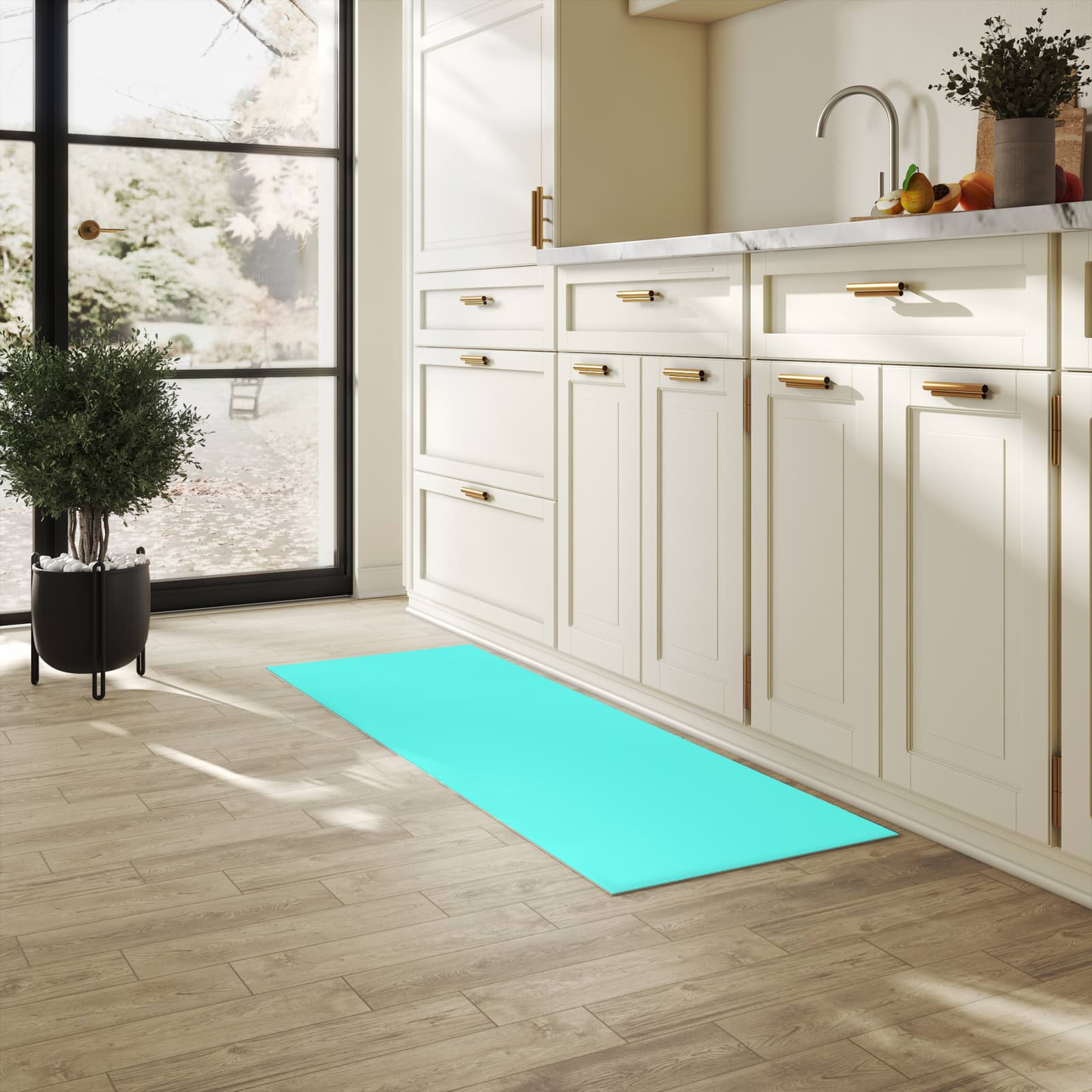 Küchenteppich mit Motiv Mintblauer Hintergrund in heller Küche für sicheres Aufbewahren