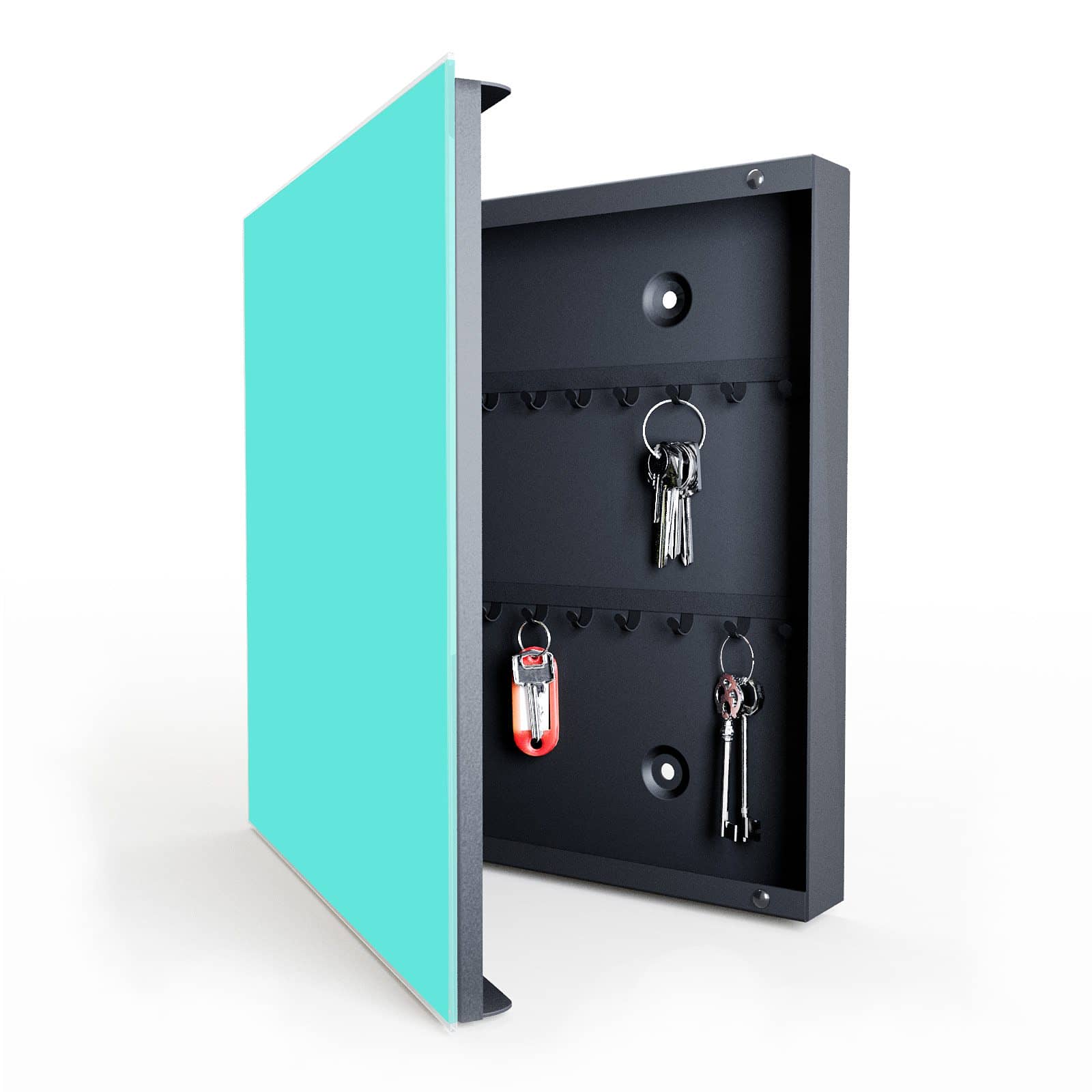 Robuster Schlüsselkasten mit Motiv Mintblauer Hintergrund in geöffneter Innenansicht